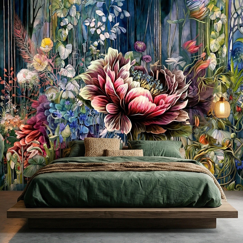 Abstract Floral Peel and Stick Wall Mural, Bold Botanical Bloom, Colorful Artistic Garden, Maximalist Nature Wallpaper