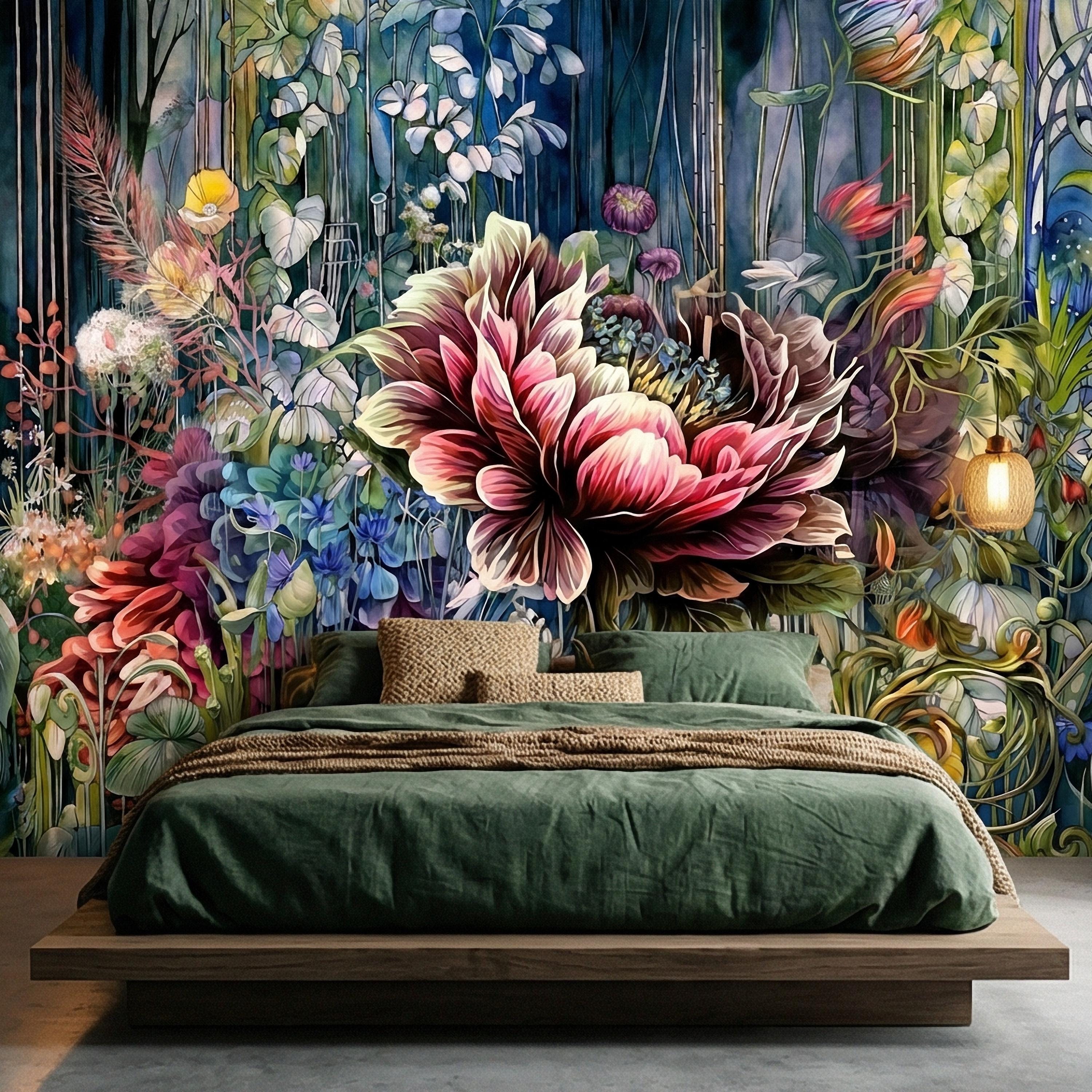 Abstract Floral Peel and Stick Wall Mural, Bold Botanical Bloom, Colorful Artistic Garden, Maximalist Nature Wallpaper