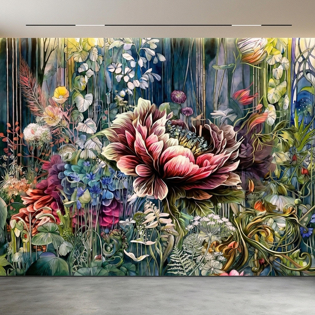 Abstract Floral Peel and Stick Wall Mural, Bold Botanical Bloom, Colorful Artistic Garden, Maximalist Nature Wallpaper