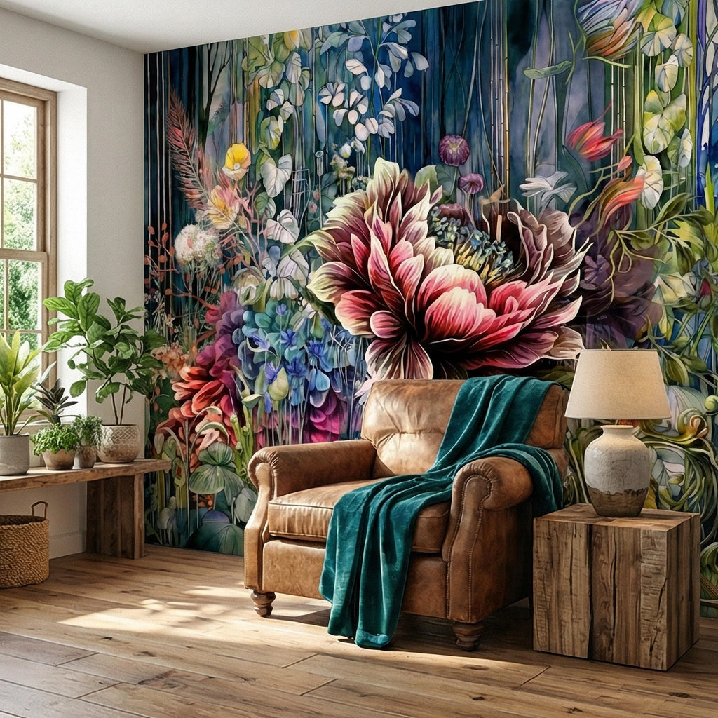 Abstract Floral Peel and Stick Wall Mural, Bold Botanical Bloom, Colorful Artistic Garden, Maximalist Nature Wallpaper