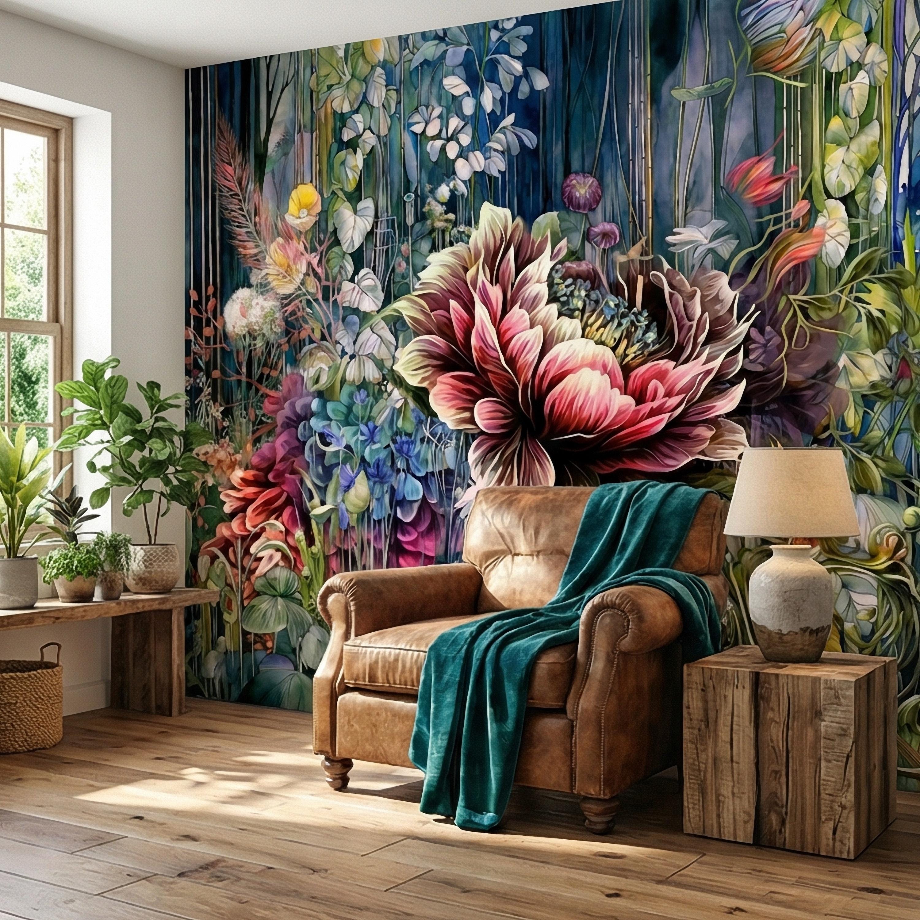 Abstract Floral Peel and Stick Wall Mural, Bold Botanical Bloom, Colorful Artistic Garden, Maximalist Nature Wallpaper