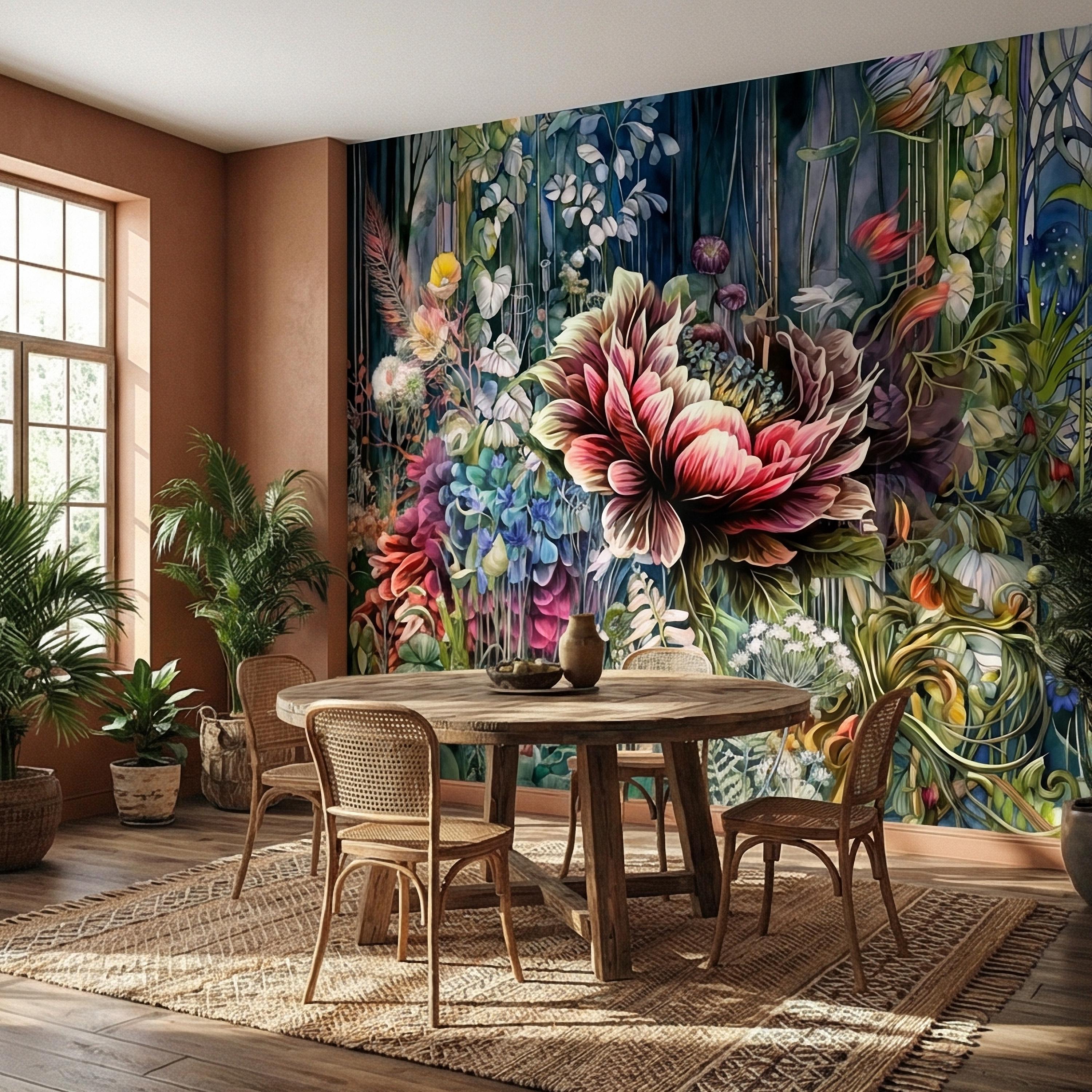 Abstract Floral Peel and Stick Wall Mural, Bold Botanical Bloom, Colorful Artistic Garden, Maximalist Nature Wallpaper