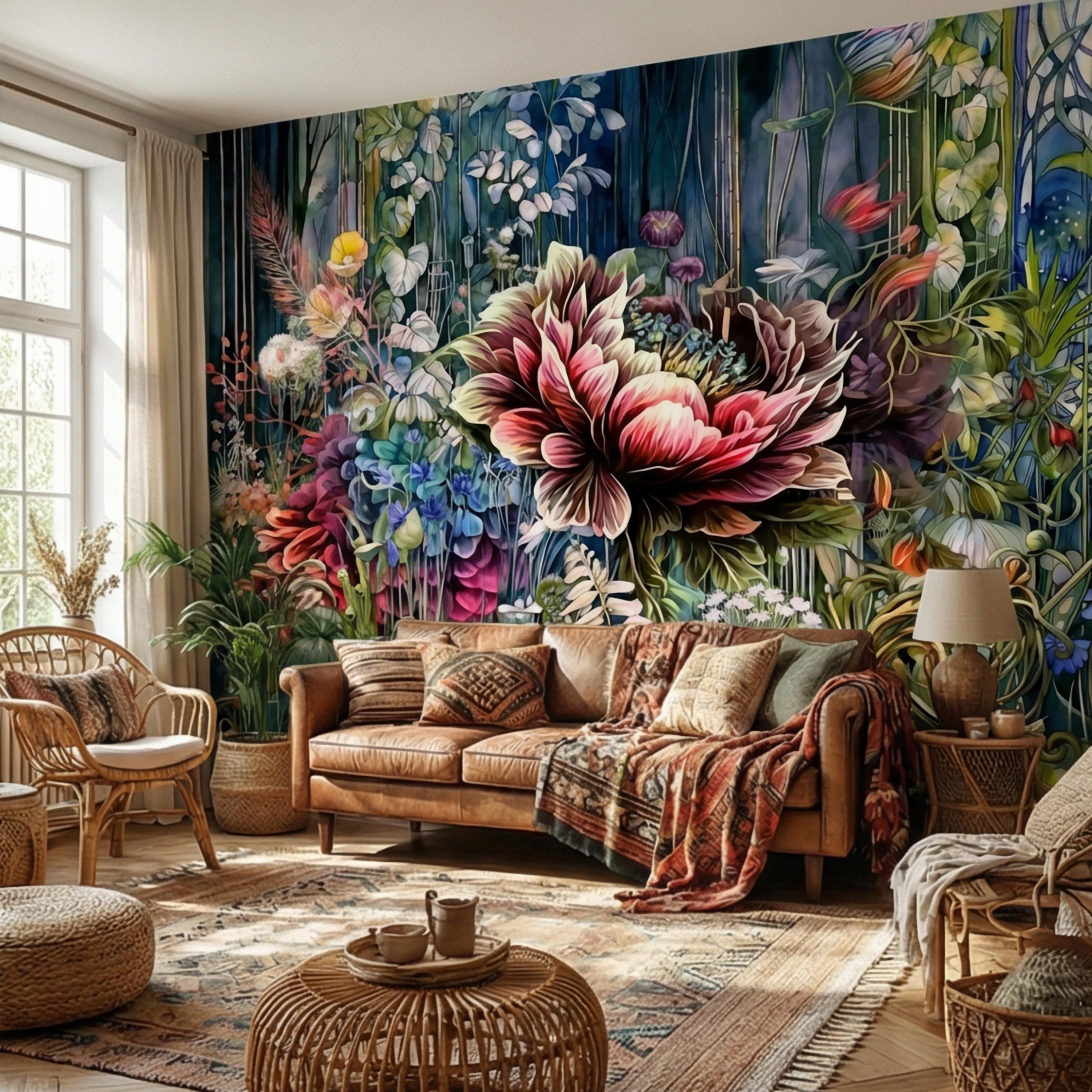 Abstract Floral Peel and Stick Wall Mural, Bold Botanical Bloom, Colorful Artistic Garden, Maximalist Nature Wallpaper