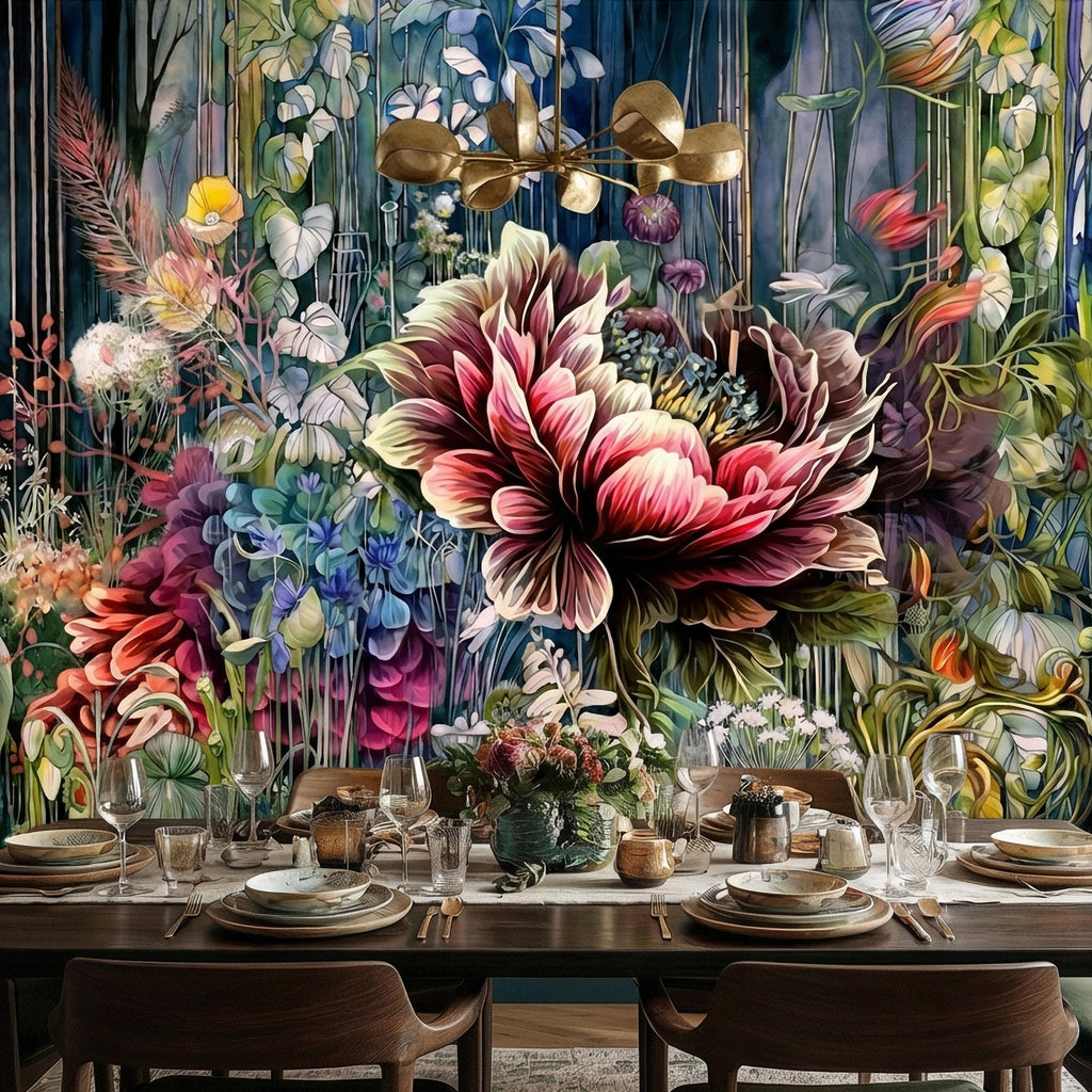 Abstract Floral Peel and Stick Wall Mural, Bold Botanical Bloom, Colorful Artistic Garden, Maximalist Nature Wallpaper