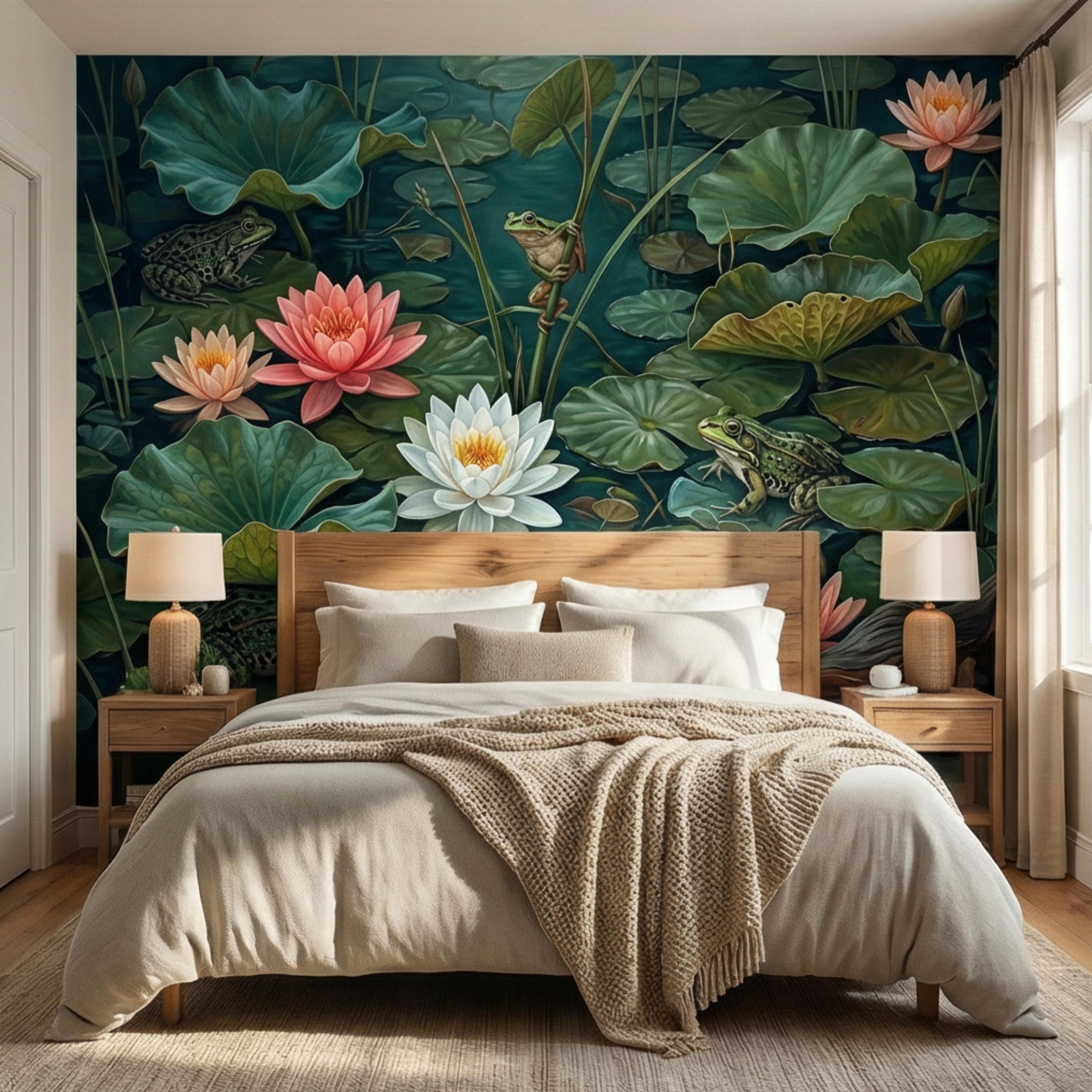 Water Lily Pond Peel and Stick Wall Mural, Frog and Lotus Botanical Wallpaper, Moody Green Nature Wall Decor