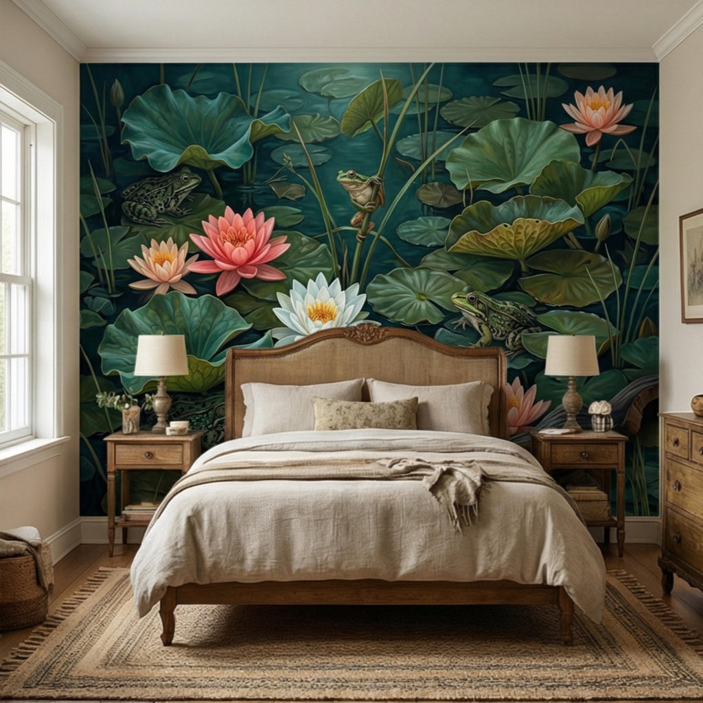 Water Lily Pond Peel and Stick Wall Mural, Frog and Lotus Botanical Wallpaper, Moody Green Nature Wall Decor
