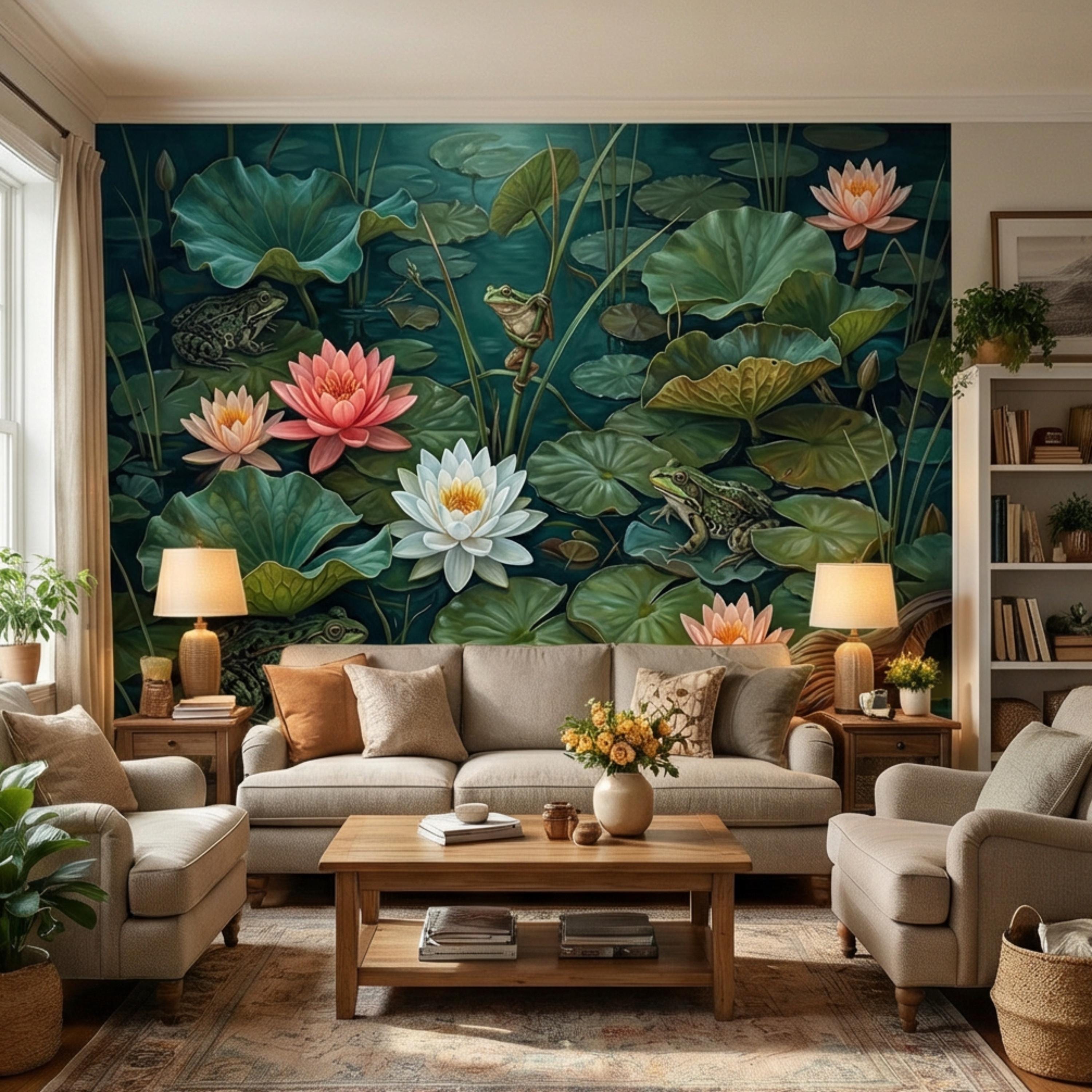 Water Lily Pond Peel and Stick Wall Mural, Frog and Lotus Botanical Wallpaper, Moody Green Nature Wall Decor
