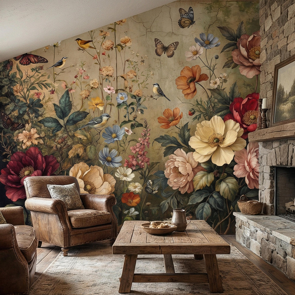 Vintage Floral Peel and Stick Wall Mural, Bird and Butterfly Botanical, Moody Cottage Garden, Antique Bloom Wallpaper