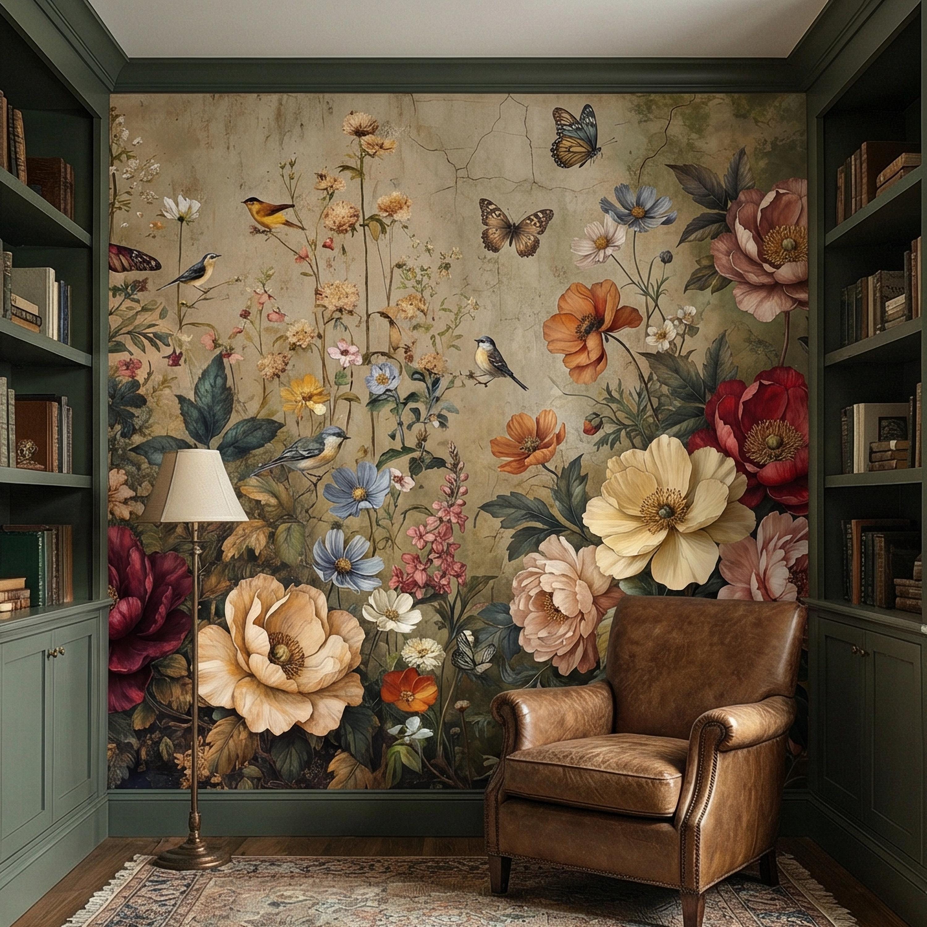 Vintage Floral Peel and Stick Wall Mural, Bird and Butterfly Botanical, Moody Cottage Garden, Antique Bloom Wallpaper
