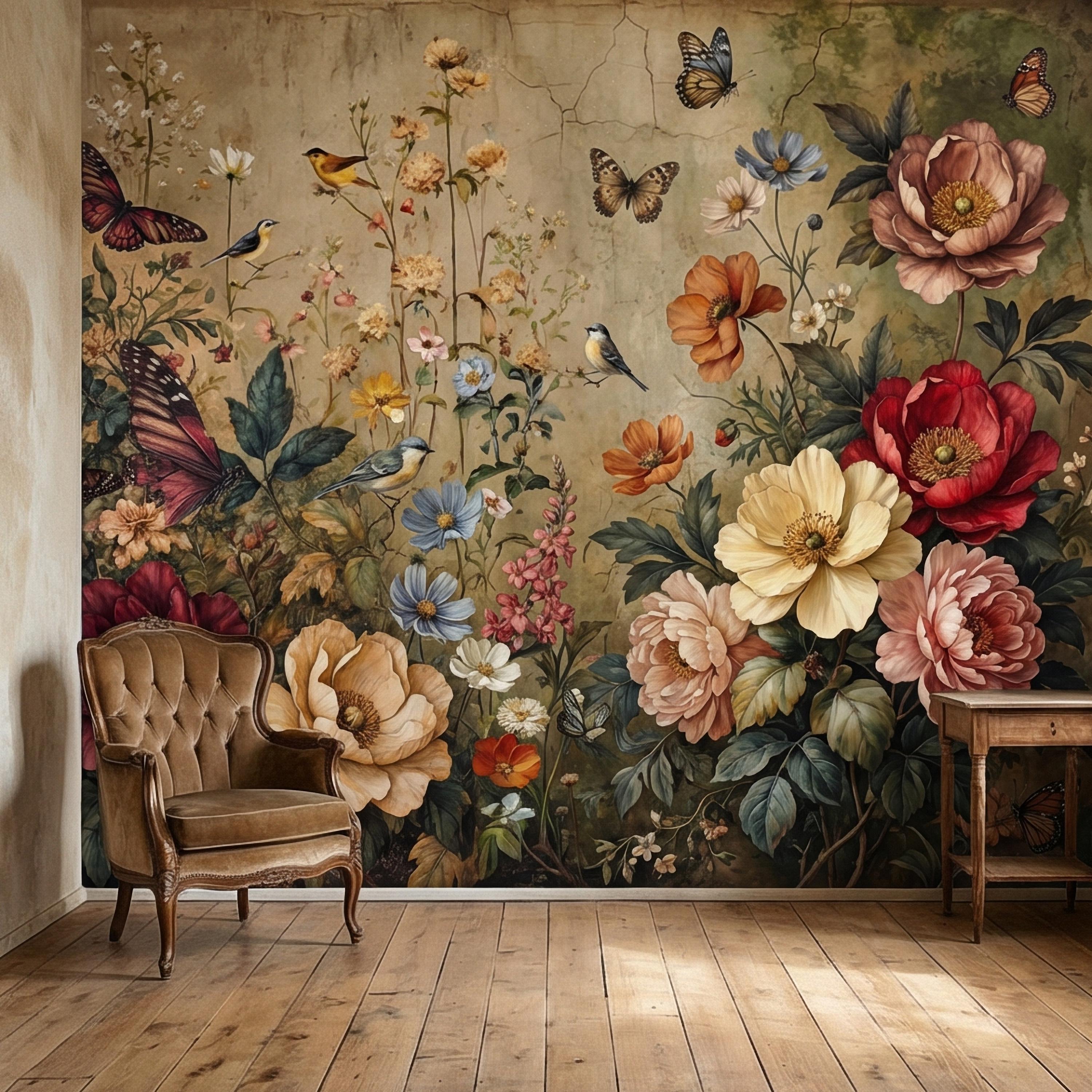 Vintage Floral Peel and Stick Wall Mural, Bird and Butterfly Botanical, Moody Cottage Garden, Antique Bloom Wallpaper