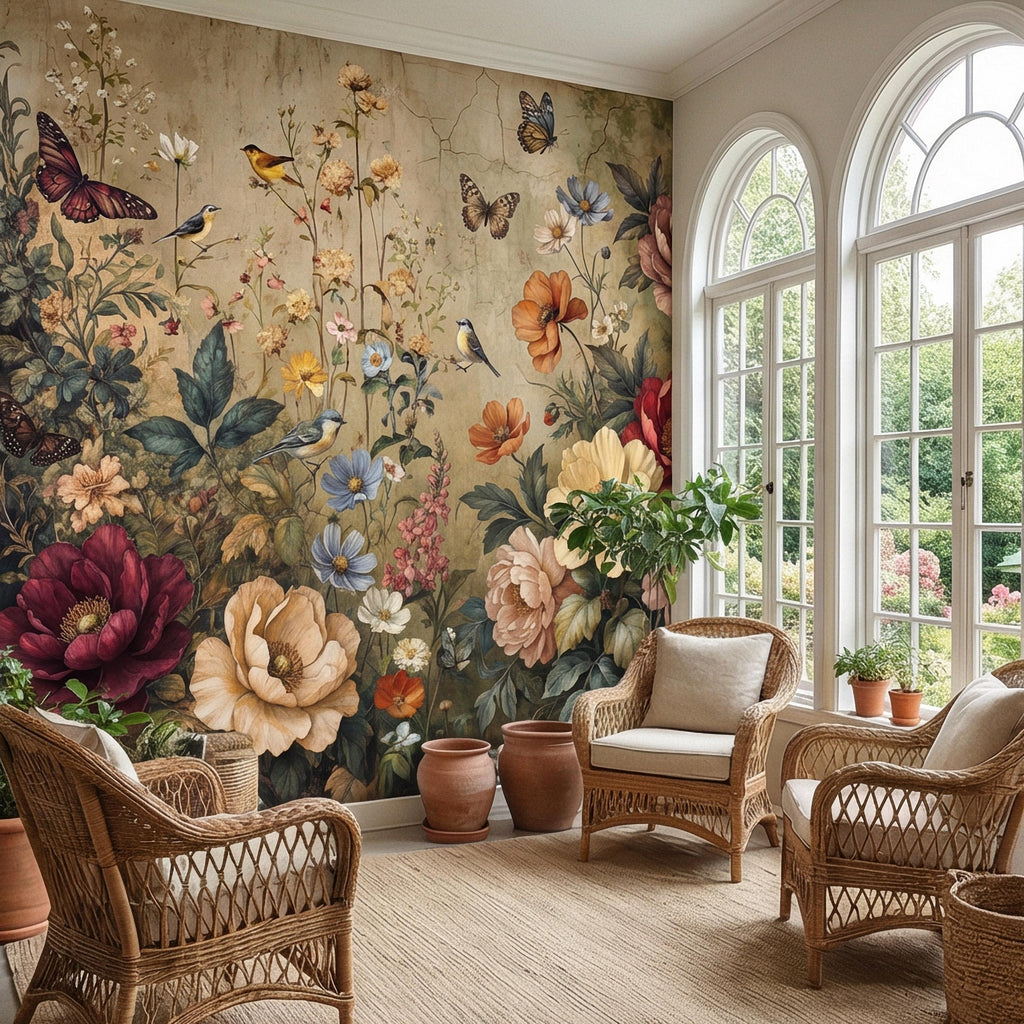 Vintage Floral Peel and Stick Wall Mural, Bird and Butterfly Botanical, Moody Cottage Garden, Antique Bloom Wallpaper