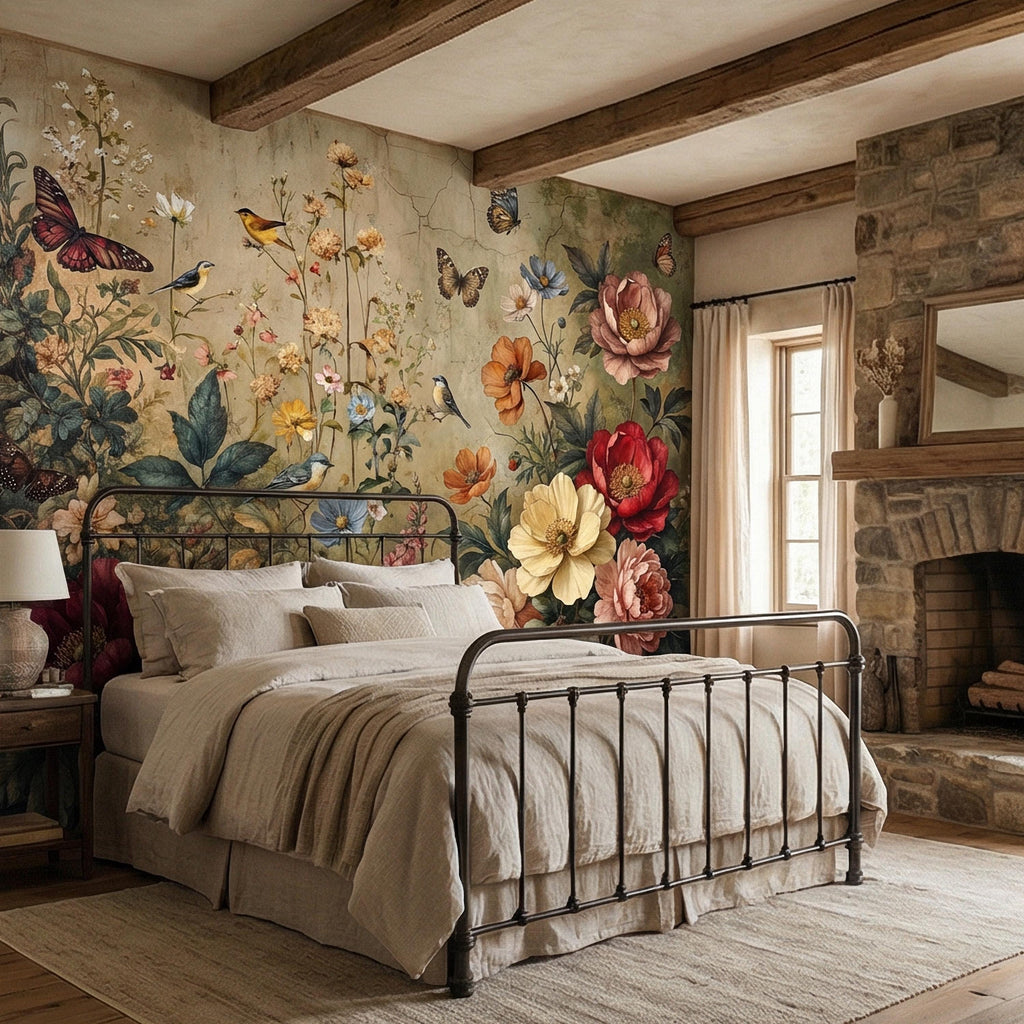 Vintage Floral Peel and Stick Wall Mural, Bird and Butterfly Botanical, Moody Cottage Garden, Antique Bloom Wallpaper