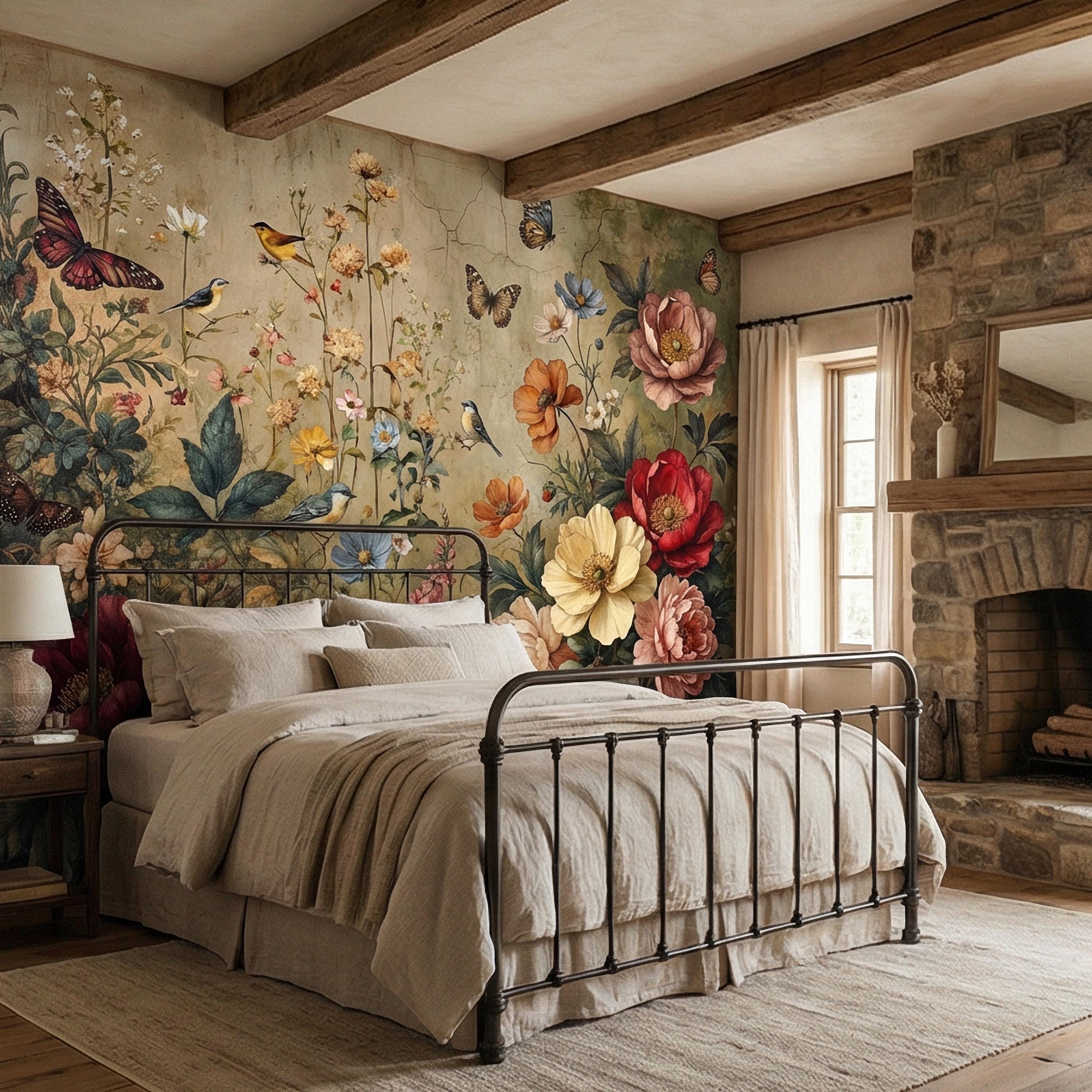 Vintage Floral Peel and Stick Wall Mural, Bird and Butterfly Botanical, Moody Cottage Garden, Antique Bloom Wallpaper