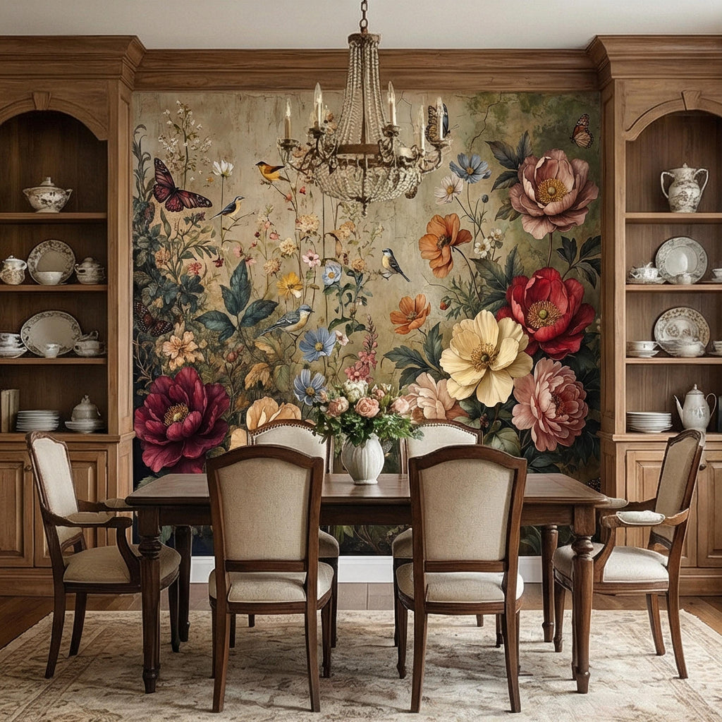 Vintage Floral Peel and Stick Wall Mural, Bird and Butterfly Botanical, Moody Cottage Garden, Antique Bloom Wallpaper
