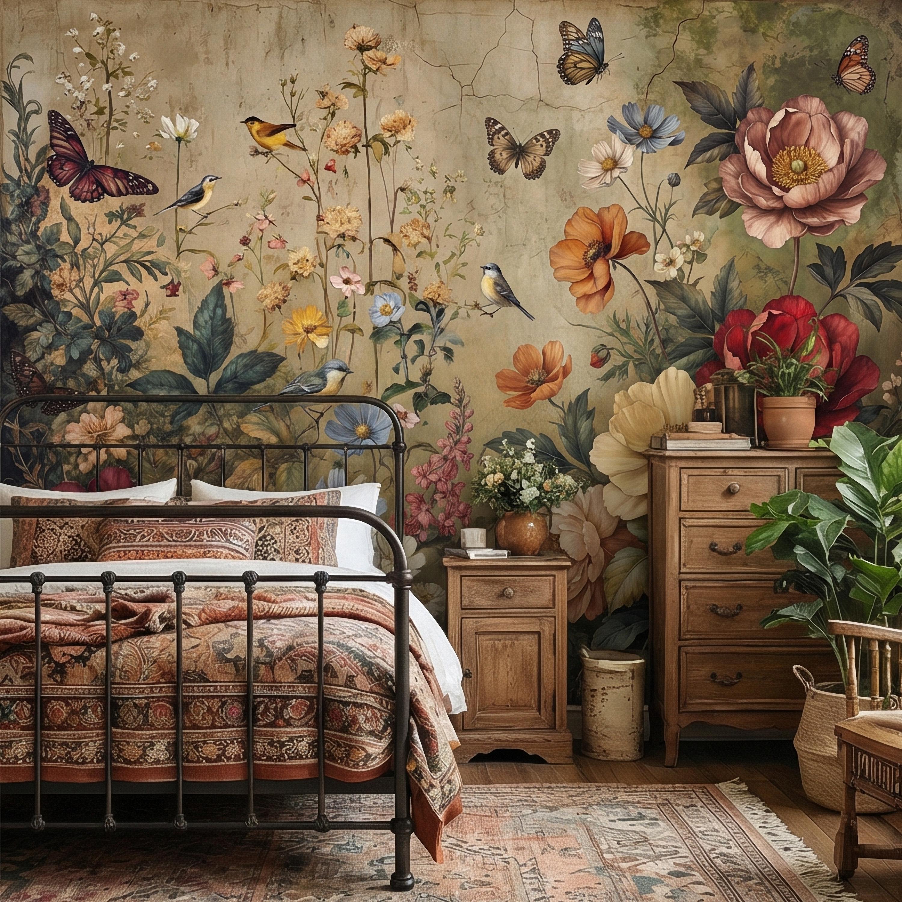 Vintage Floral Peel and Stick Wall Mural, Bird and Butterfly Botanical, Moody Cottage Garden, Antique Bloom Wallpaper