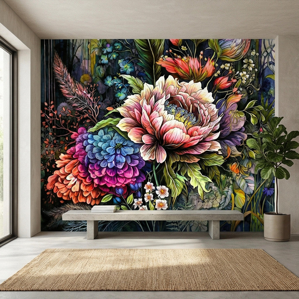 Bold Floral Peel and Stick Wall Mural, Maximalist Botanical Bloom, Colorful Artistic Flower Wallpaper