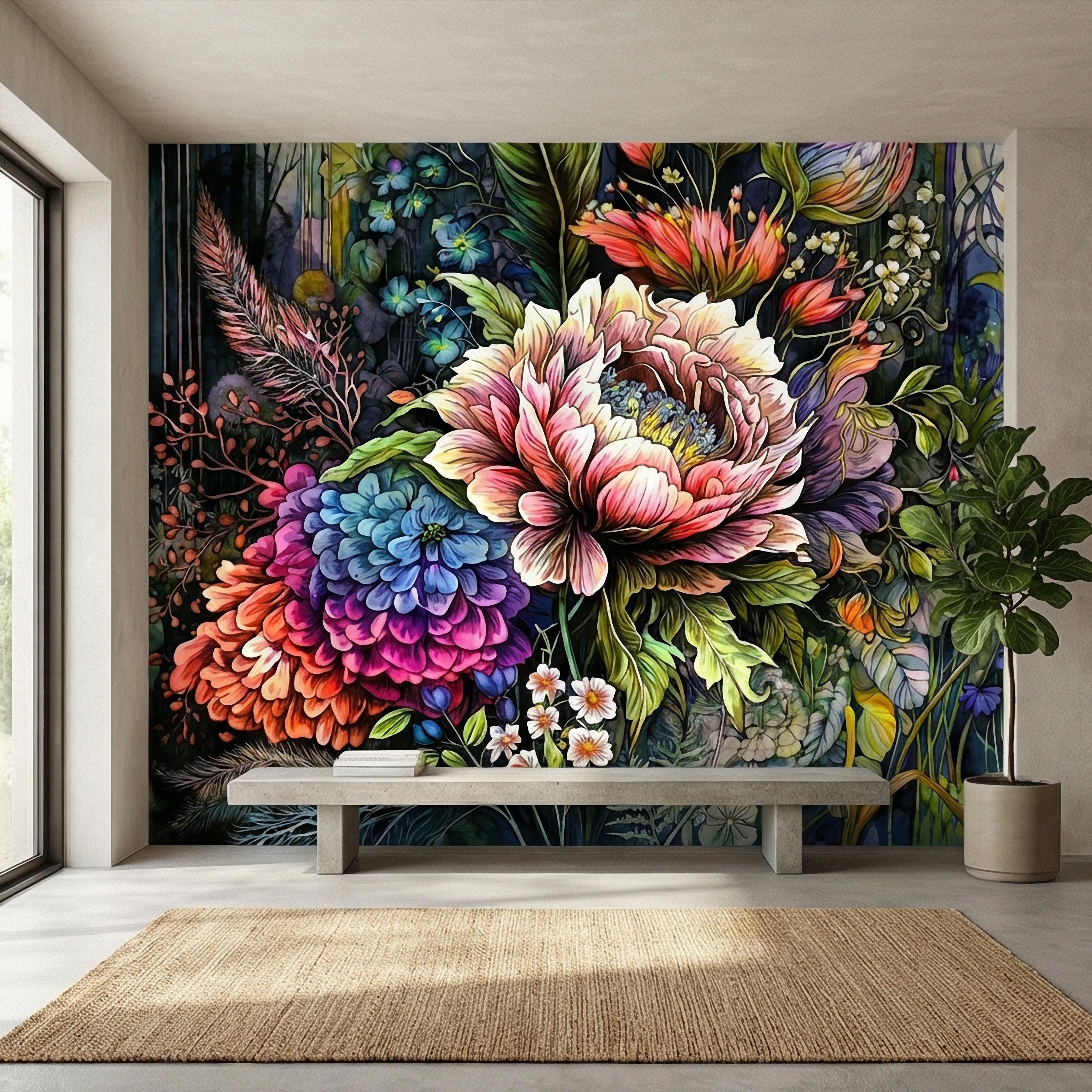 Bold Floral Peel and Stick Wall Mural, Maximalist Botanical Bloom, Colorful Artistic Flower Wallpaper