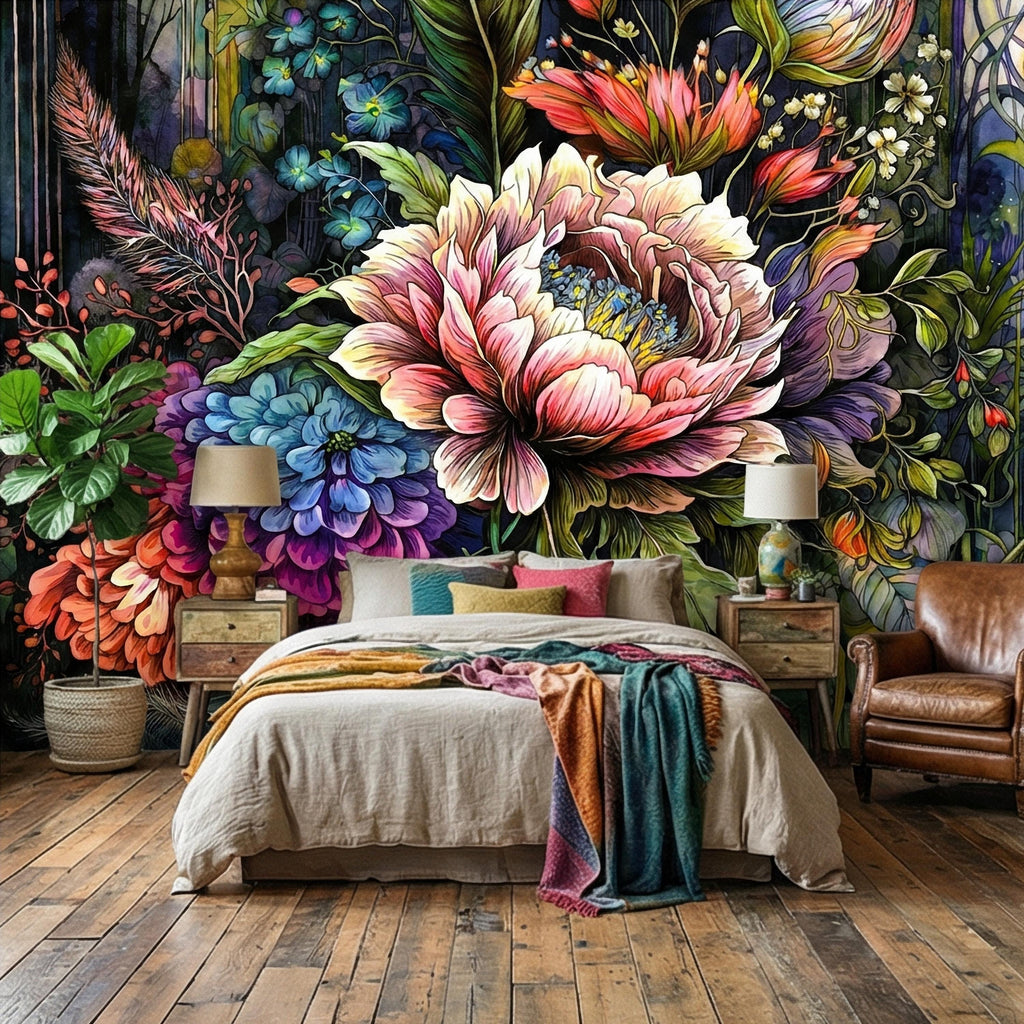 Bold Floral Peel and Stick Wall Mural, Maximalist Botanical Bloom, Colorful Artistic Flower Wallpaper