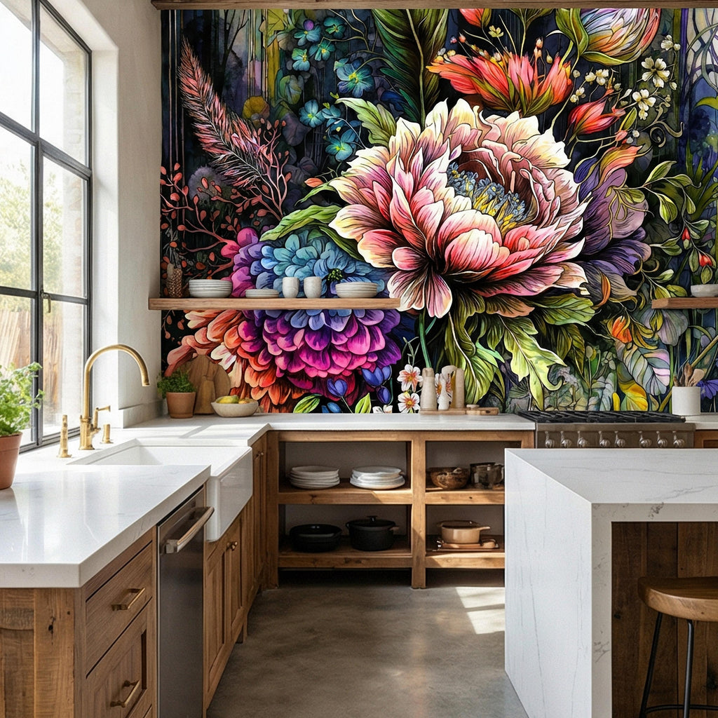 Bold Floral Peel and Stick Wall Mural, Maximalist Botanical Bloom, Colorful Artistic Flower Wallpaper