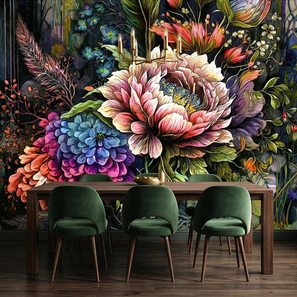 Bold Floral Peel and Stick Wall Mural, Maximalist Botanical Bloom, Colorful Artistic Flower Wallpaper