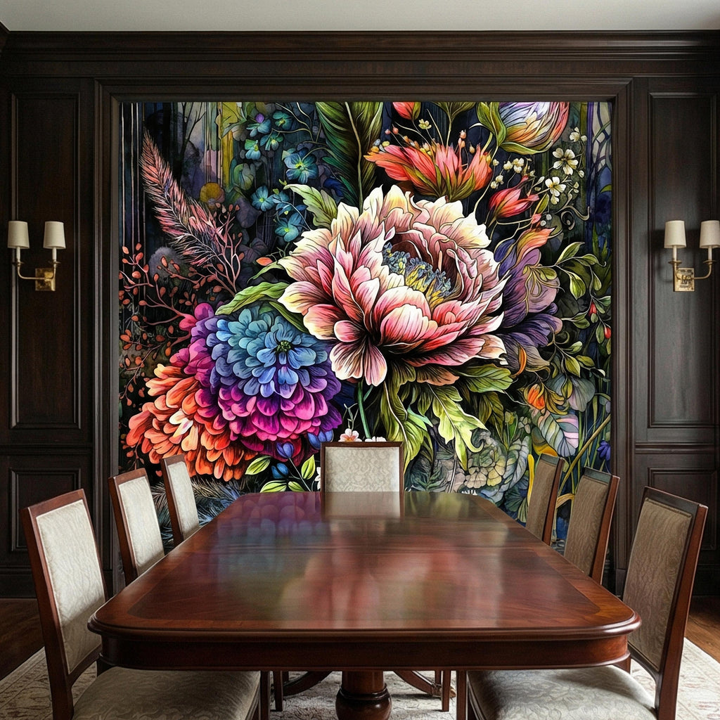 Bold Floral Peel and Stick Wall Mural, Maximalist Botanical Bloom, Colorful Artistic Flower Wallpaper