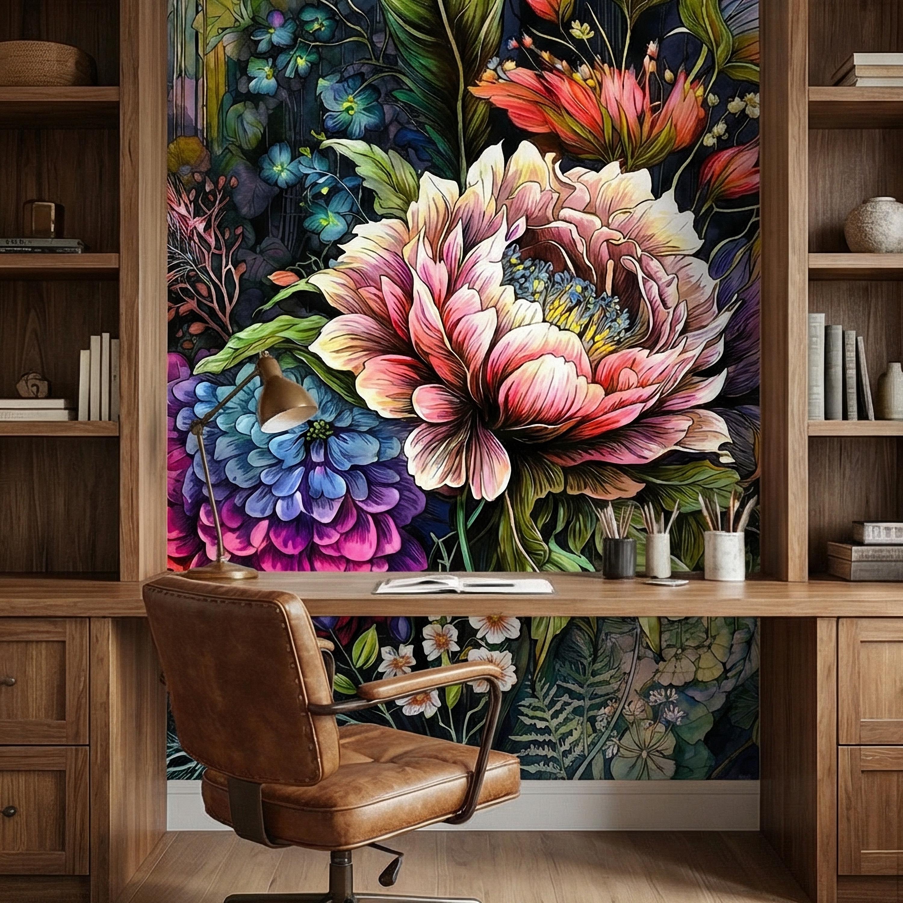 Bold Floral Peel and Stick Wall Mural, Maximalist Botanical Bloom, Colorful Artistic Flower Wallpaper