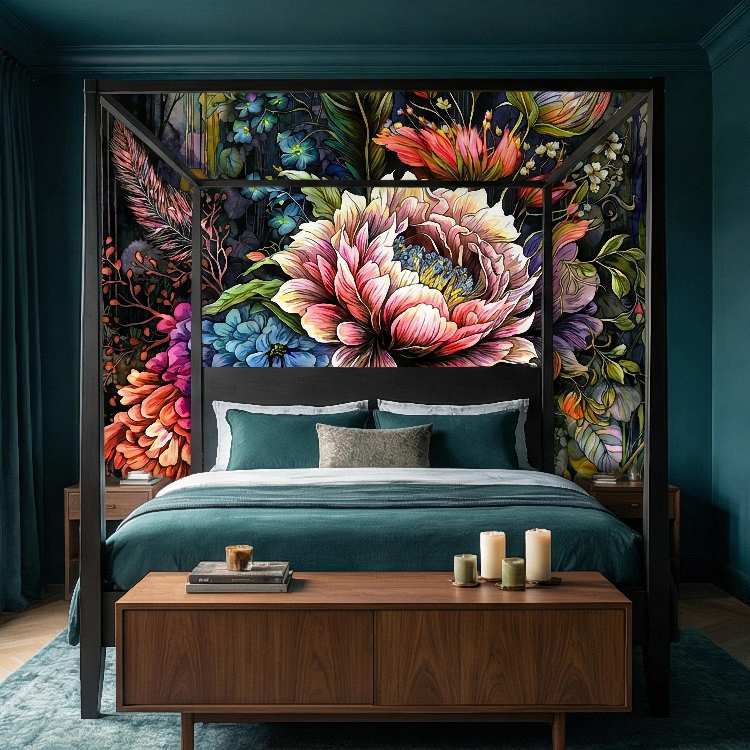 Bold Floral Peel and Stick Wall Mural, Maximalist Botanical Bloom, Colorful Artistic Flower Wallpaper