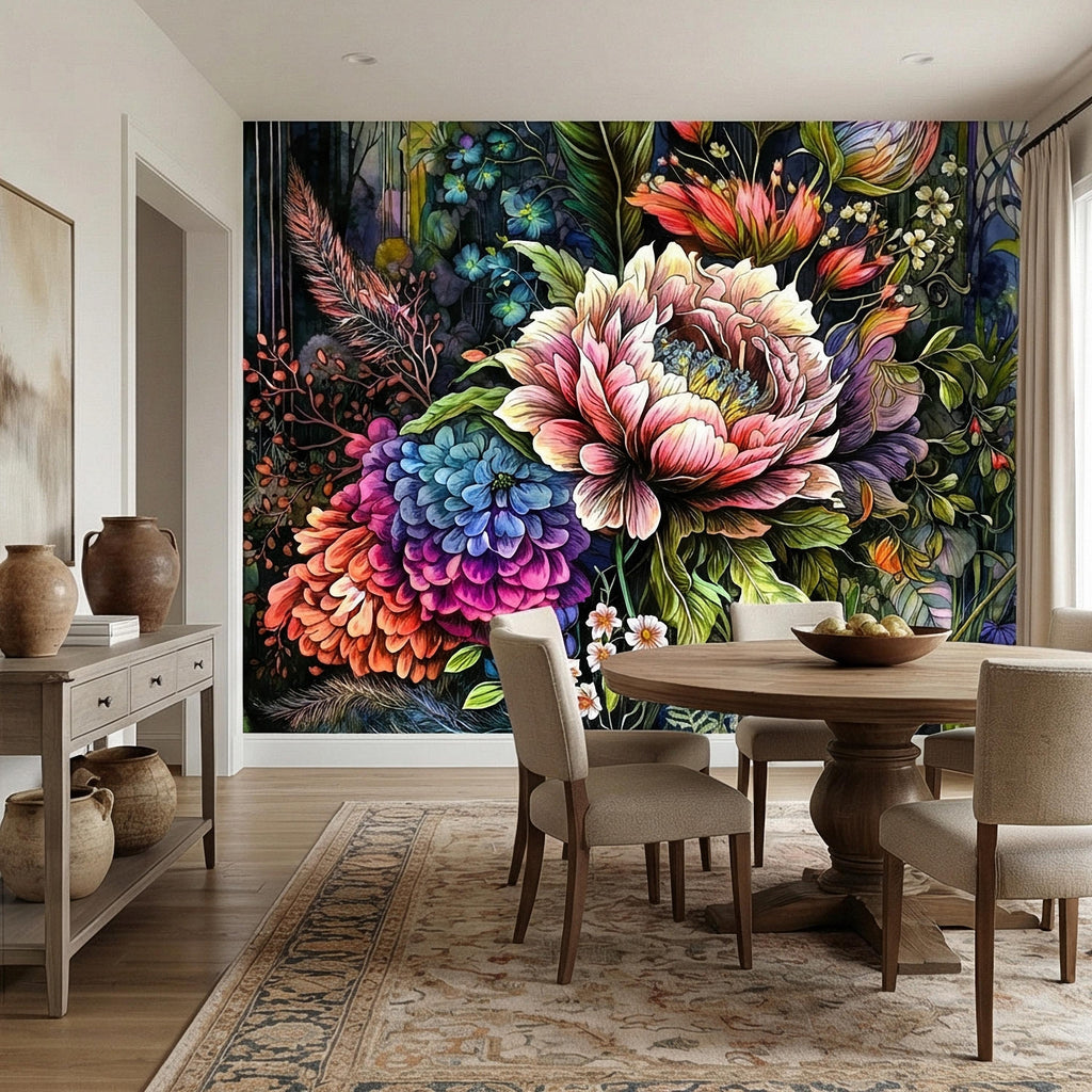 Bold Floral Peel and Stick Wall Mural, Maximalist Botanical Bloom, Colorful Artistic Flower Wallpaper