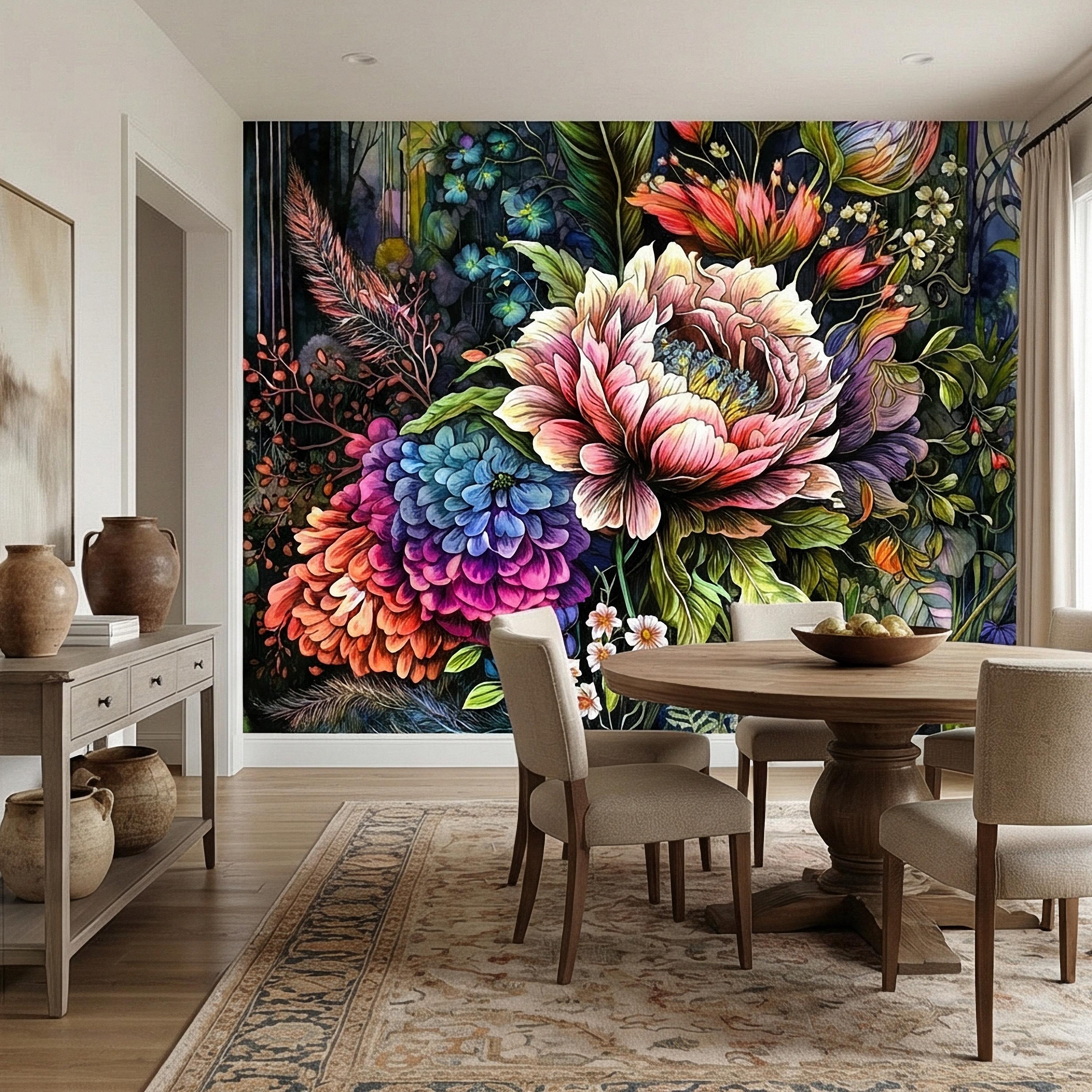 Bold Floral Peel and Stick Wall Mural, Maximalist Botanical Bloom, Colorful Artistic Flower Wallpaper