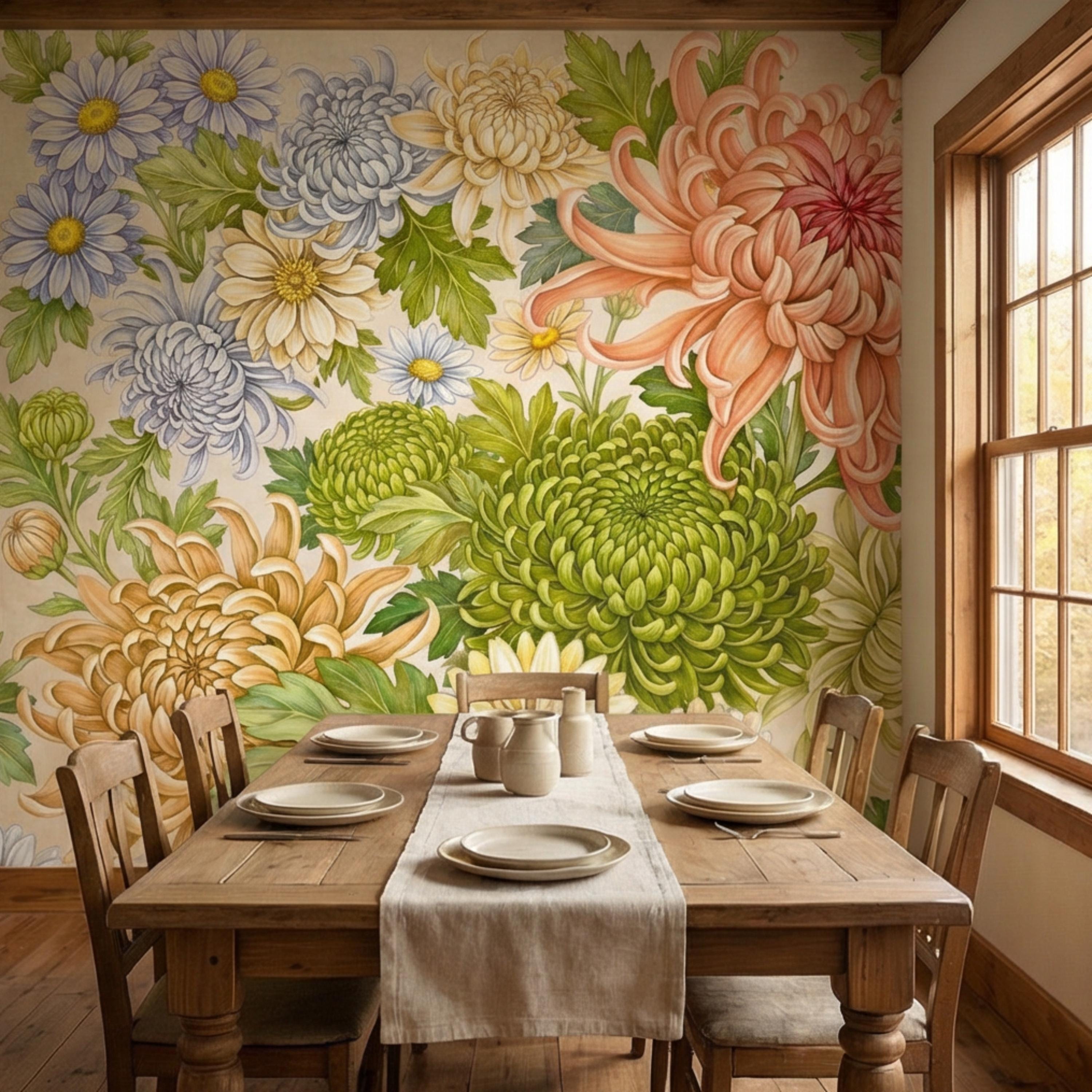 Vintage Chrysanthemum Peel and Stick Wall Mural, Botanical Floral Wallpaper Daisy and Green Tones
