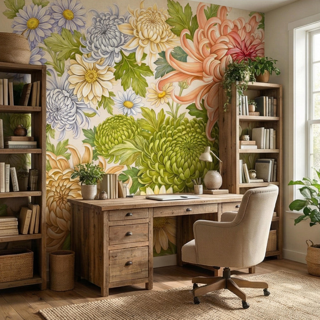 Vintage Chrysanthemum Peel and Stick Wall Mural, Botanical Floral Wallpaper Daisy and Green Tones
