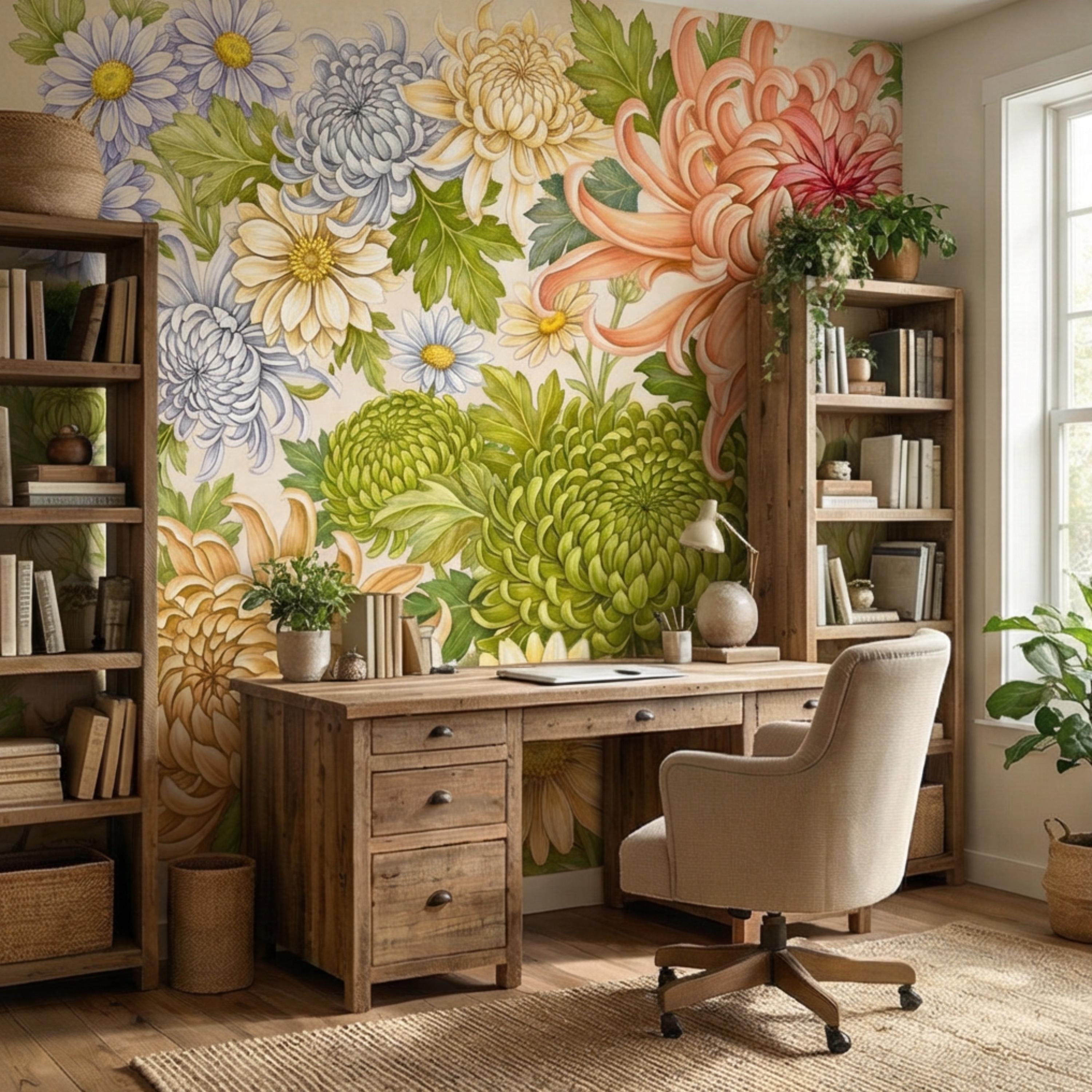 Vintage Chrysanthemum Peel and Stick Wall Mural, Botanical Floral Wallpaper Daisy and Green Tones