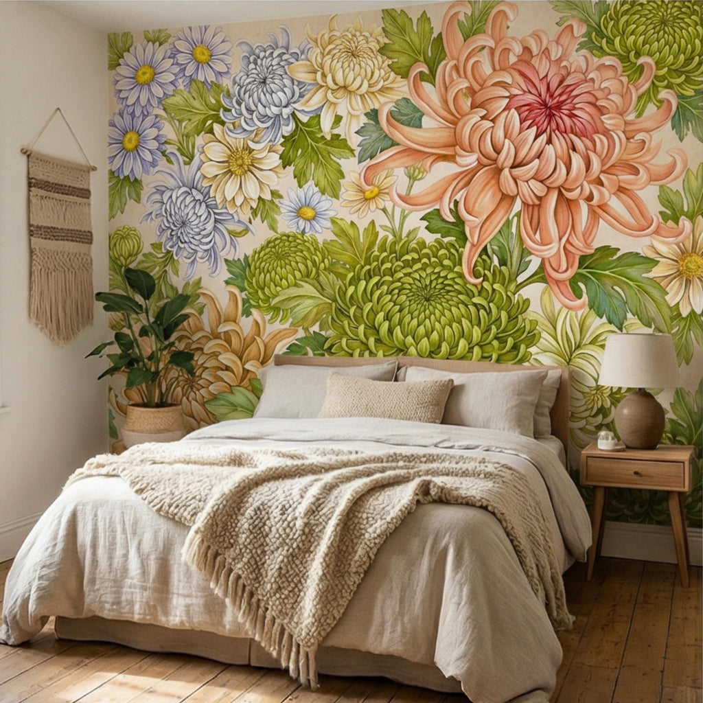 Vintage Chrysanthemum Peel and Stick Wall Mural, Botanical Floral Wallpaper Daisy and Green Tones