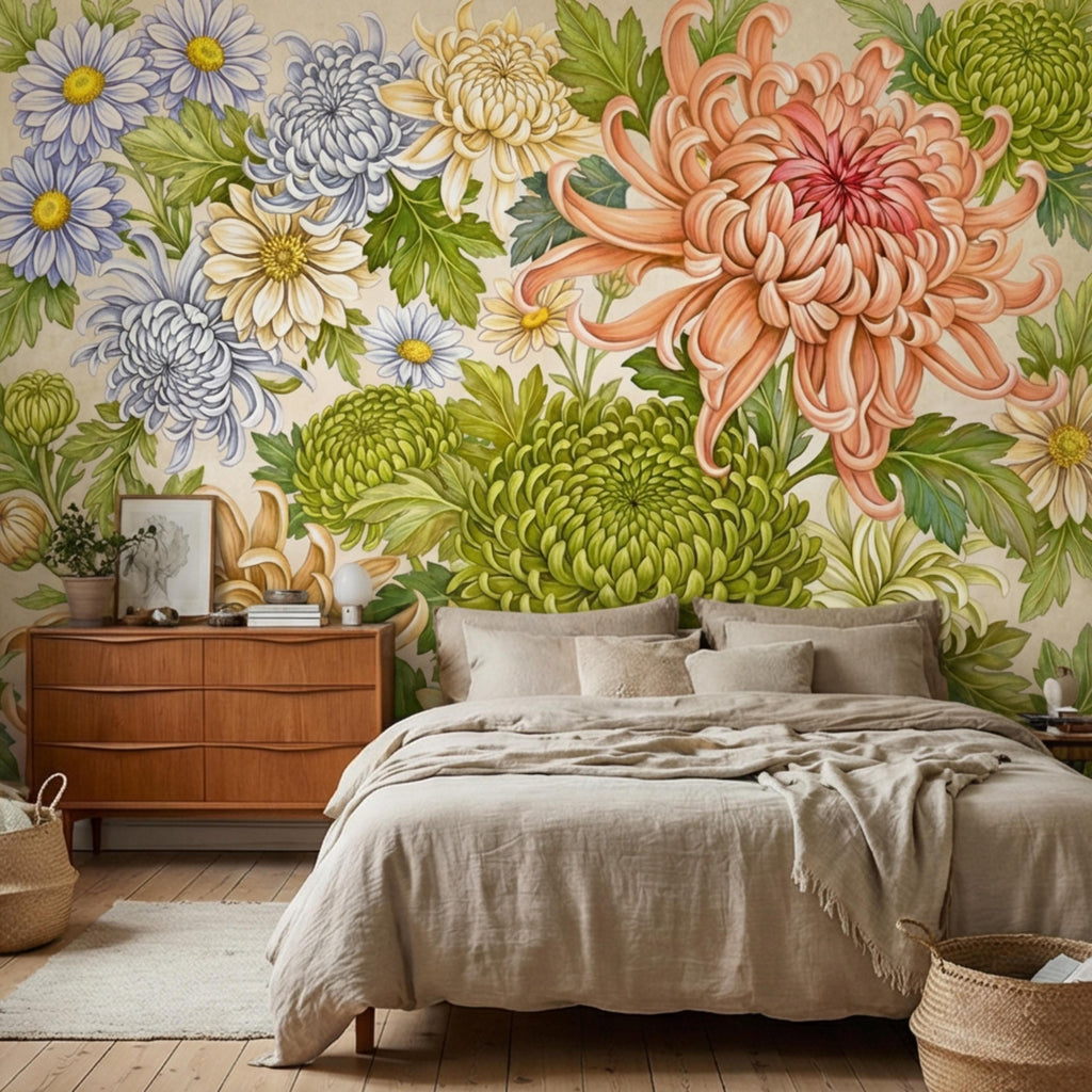 Vintage Chrysanthemum Peel and Stick Wall Mural, Botanical Floral Wallpaper Daisy and Green Tones