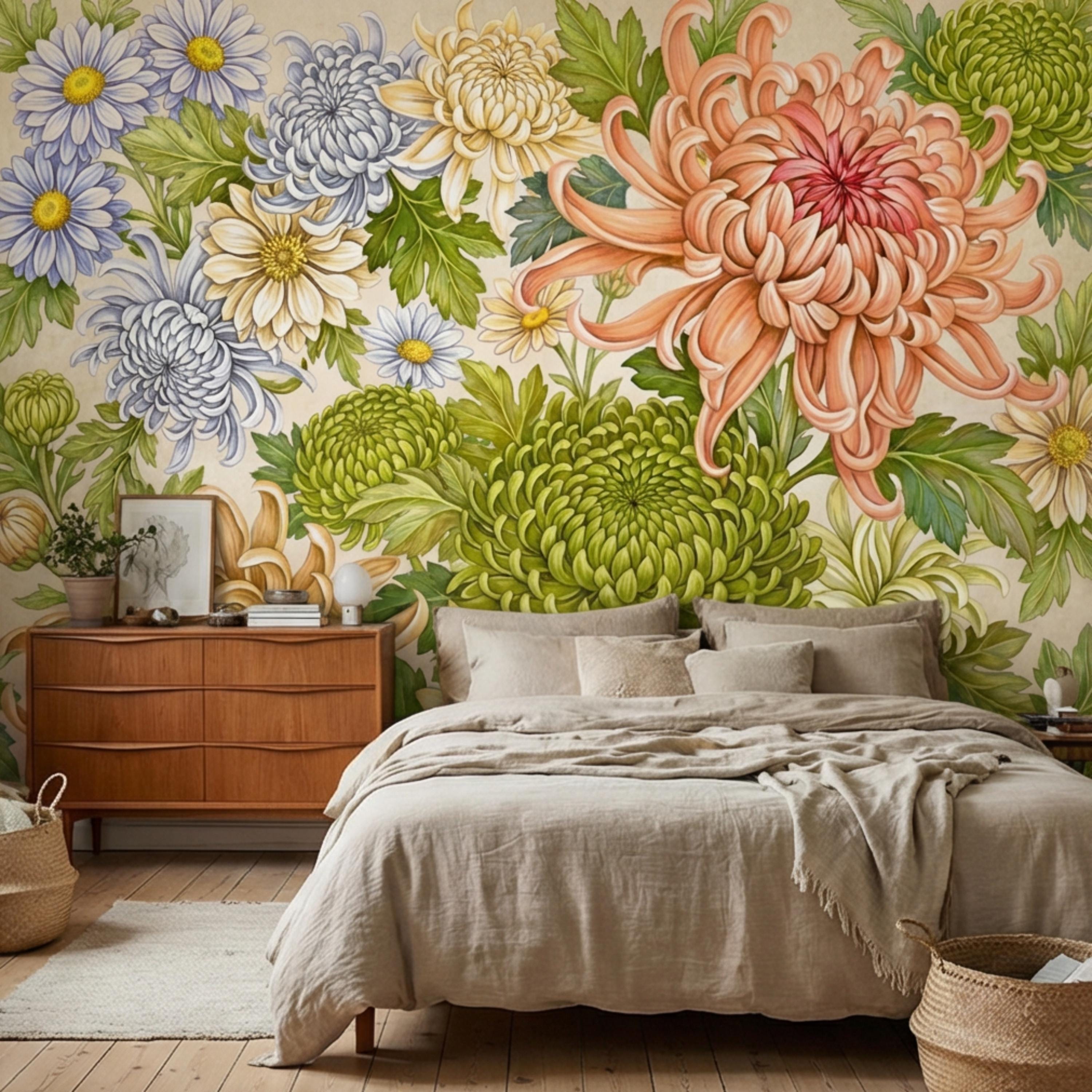 Vintage Chrysanthemum Peel and Stick Wall Mural, Botanical Floral Wallpaper Daisy and Green Tones
