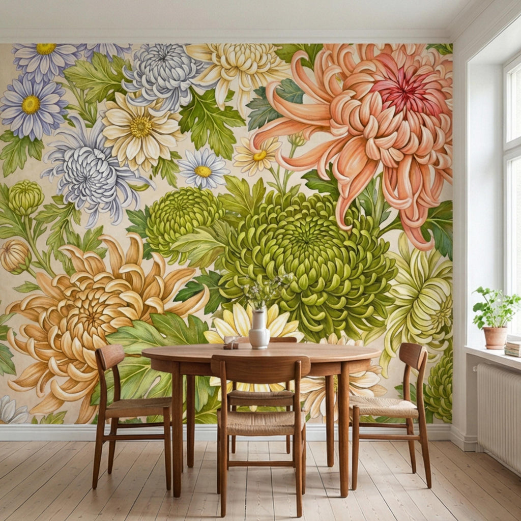 Vintage Chrysanthemum Peel and Stick Wall Mural, Botanical Floral Wallpaper Daisy and Green Tones