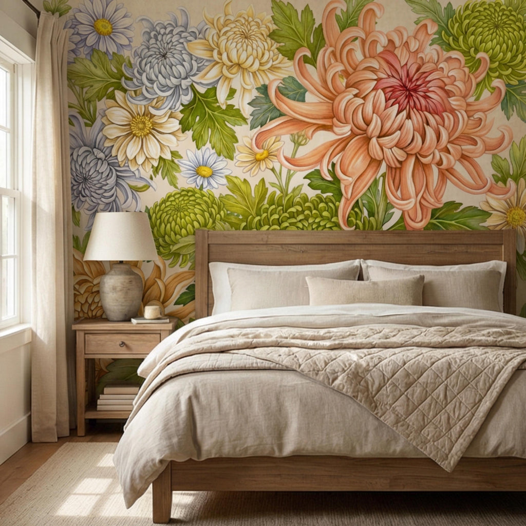 Vintage Chrysanthemum Peel and Stick Wall Mural, Botanical Floral Wallpaper Daisy and Green Tones