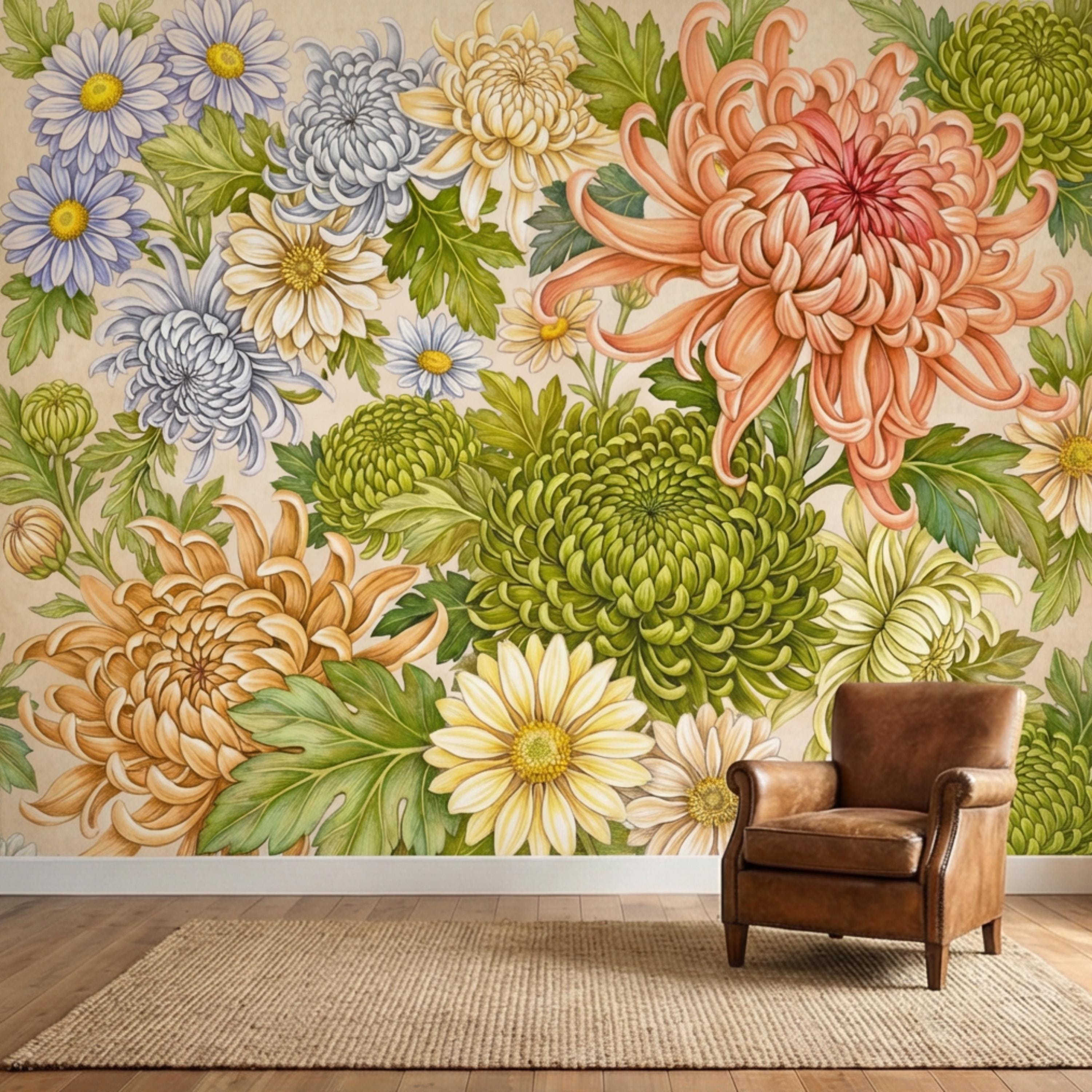 Vintage Chrysanthemum Peel and Stick Wall Mural, Botanical Floral Wallpaper Daisy and Green Tones