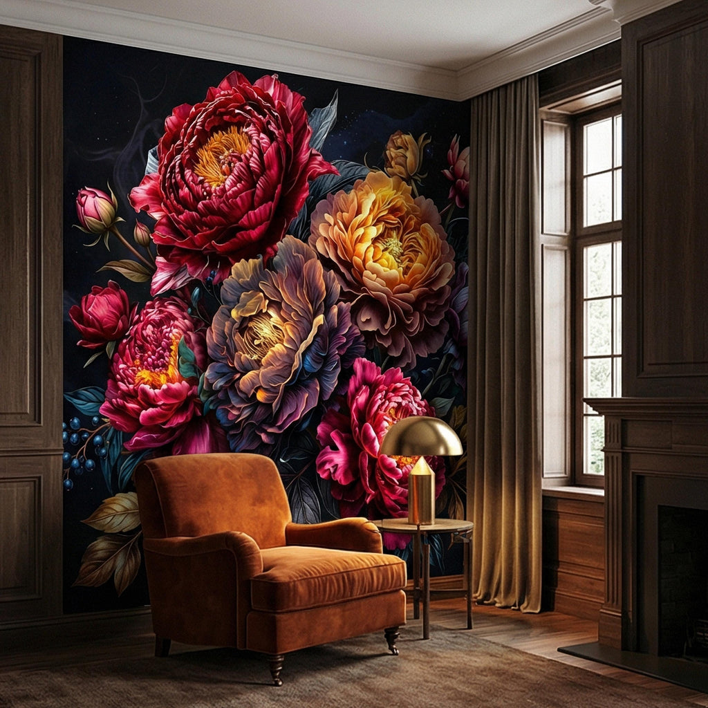Dark Floral Peel and Stick Wall Mural, Moody Peony Bouquet, Dramatic Maximalist Botanical Bloom, Luxury Statement Wallpaper