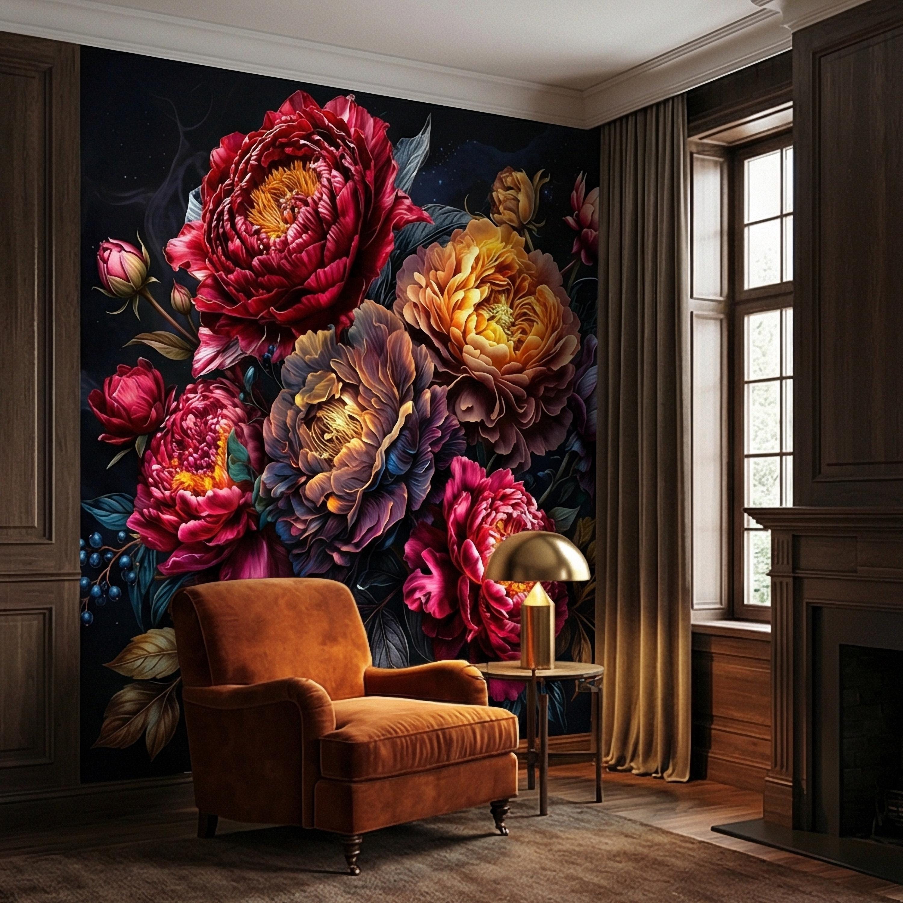 Dark Floral Peel and Stick Wall Mural, Moody Peony Bouquet, Dramatic Maximalist Botanical Bloom, Luxury Statement Wallpaper
