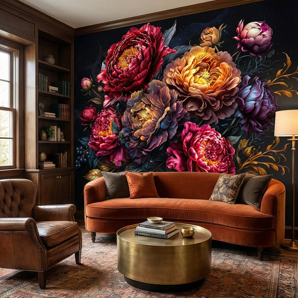 Dark Floral Peel and Stick Wall Mural, Moody Peony Bouquet, Dramatic Maximalist Botanical Bloom, Luxury Statement Wallpaper