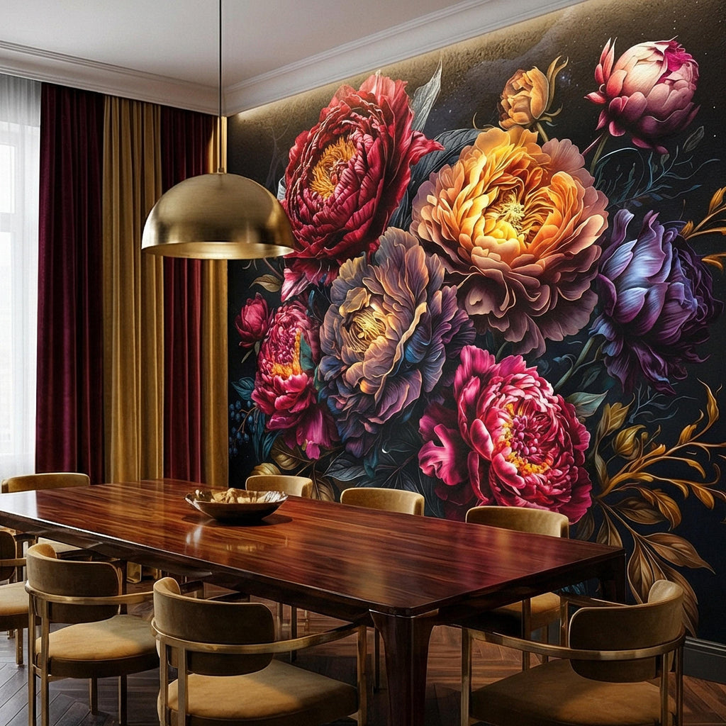 Dark Floral Peel and Stick Wall Mural, Moody Peony Bouquet, Dramatic Maximalist Botanical Bloom, Luxury Statement Wallpaper