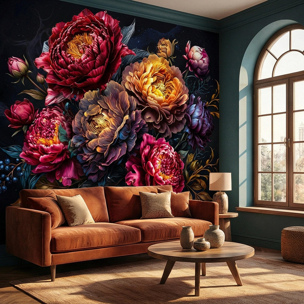 Dark Floral Peel and Stick Wall Mural, Moody Peony Bouquet, Dramatic Maximalist Botanical Bloom, Luxury Statement Wallpaper