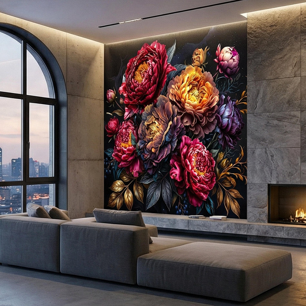 Dark Floral Peel and Stick Wall Mural, Moody Peony Bouquet, Dramatic Maximalist Botanical Bloom, Luxury Statement Wallpaper