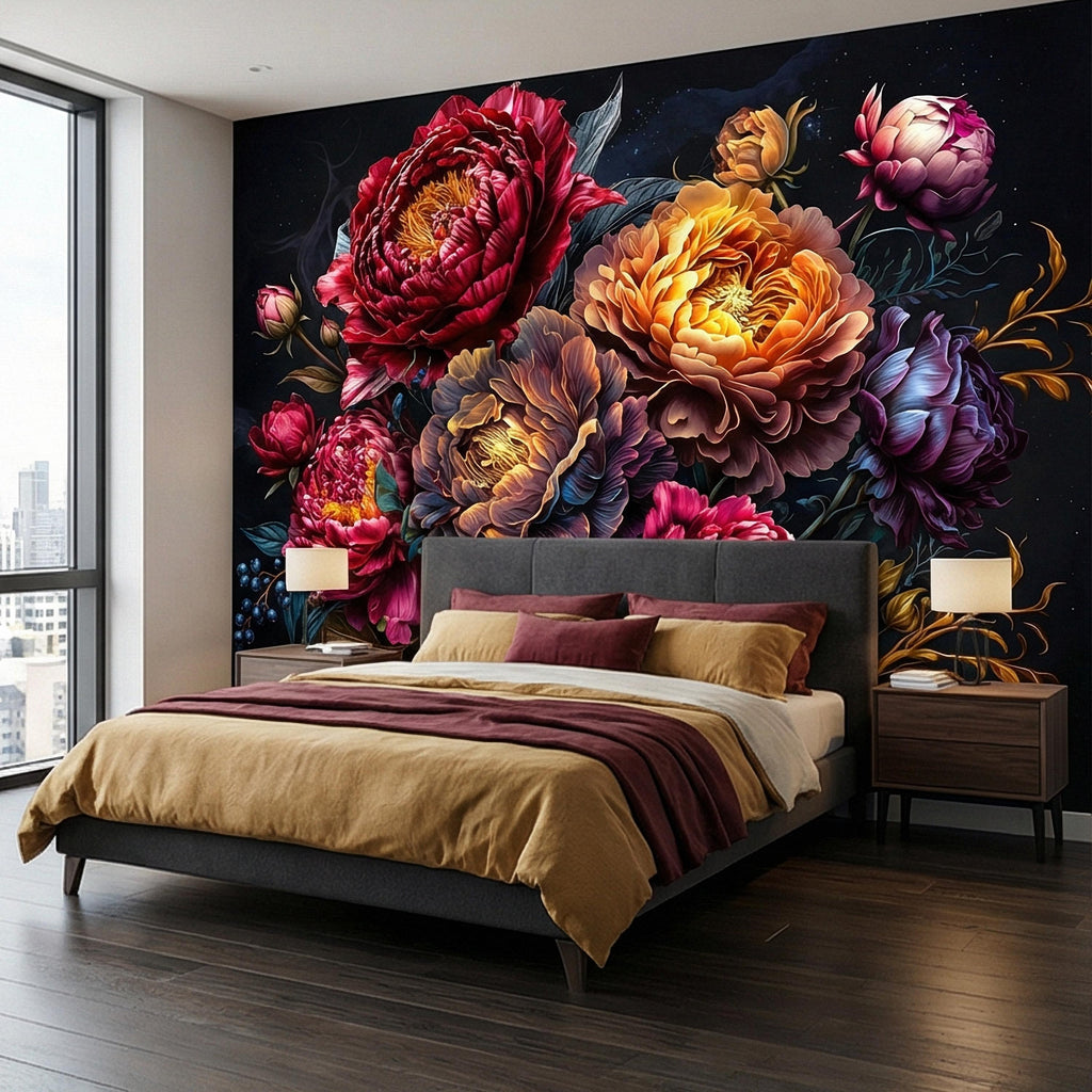Dark Floral Peel and Stick Wall Mural, Moody Peony Bouquet, Dramatic Maximalist Botanical Bloom, Luxury Statement Wallpaper