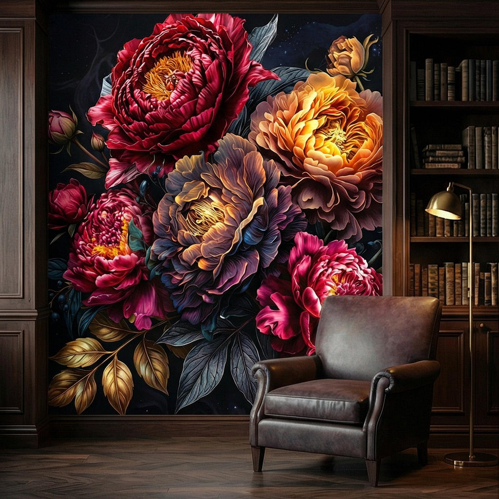 Dark Floral Peel and Stick Wall Mural, Moody Peony Bouquet, Dramatic Maximalist Botanical Bloom, Luxury Statement Wallpaper