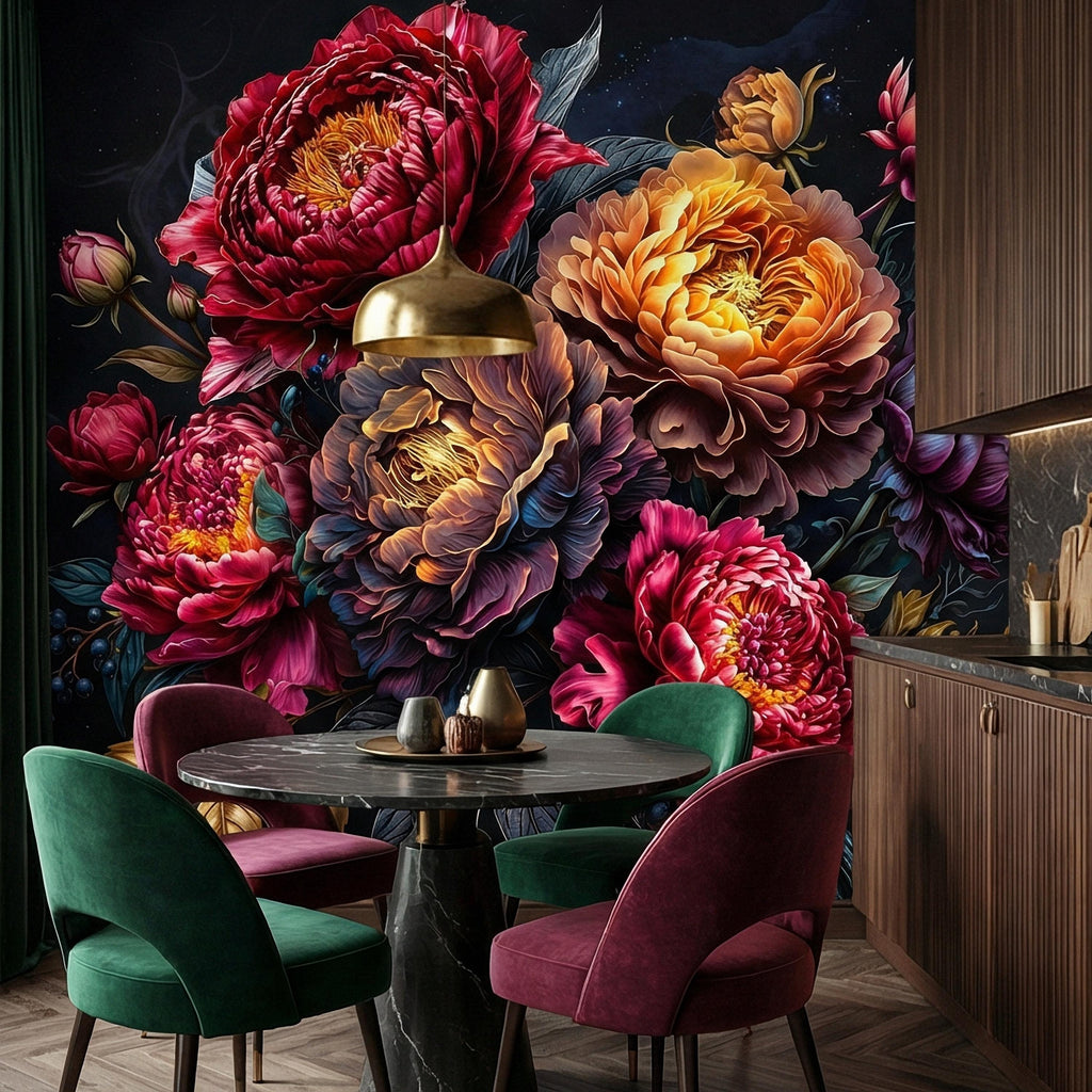 Dark Floral Peel and Stick Wall Mural, Moody Peony Bouquet, Dramatic Maximalist Botanical Bloom, Luxury Statement Wallpaper