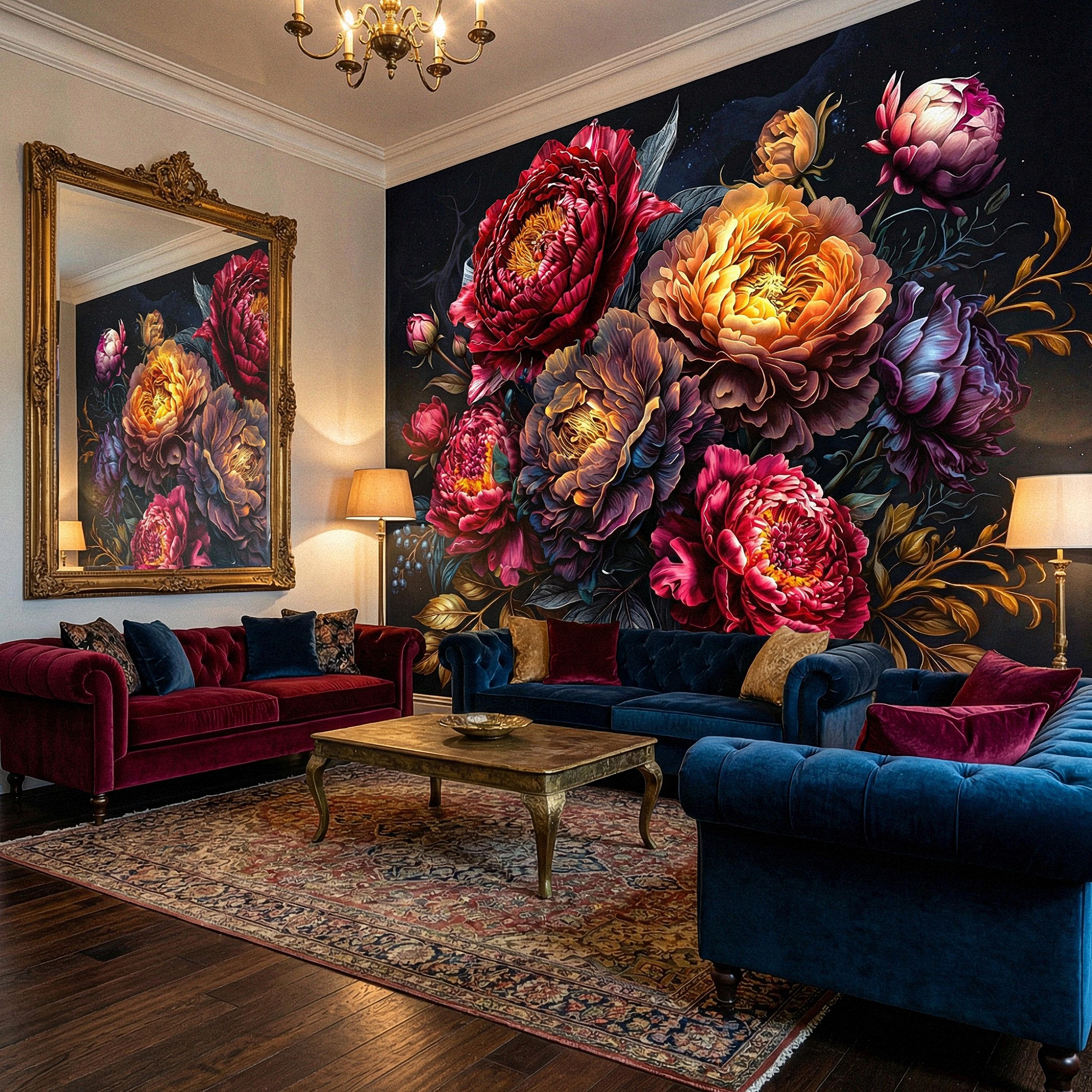 Dark Floral Peel and Stick Wall Mural, Moody Peony Bouquet, Dramatic Maximalist Botanical Bloom, Luxury Statement Wallpaper