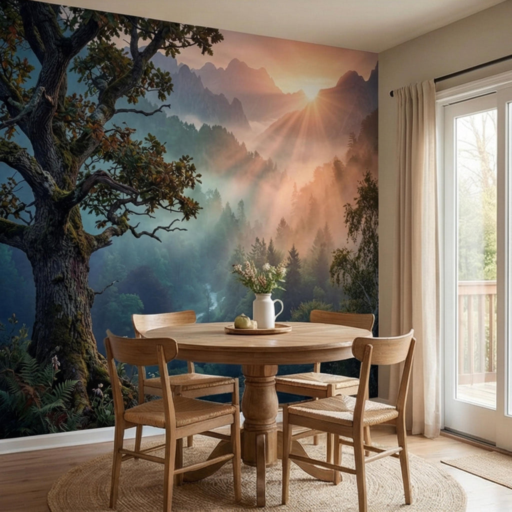 Mountain Sunrise Over Misty Forest Peel and Stick Wall Mural, Dramatic Valley Landscape Wallpaper
