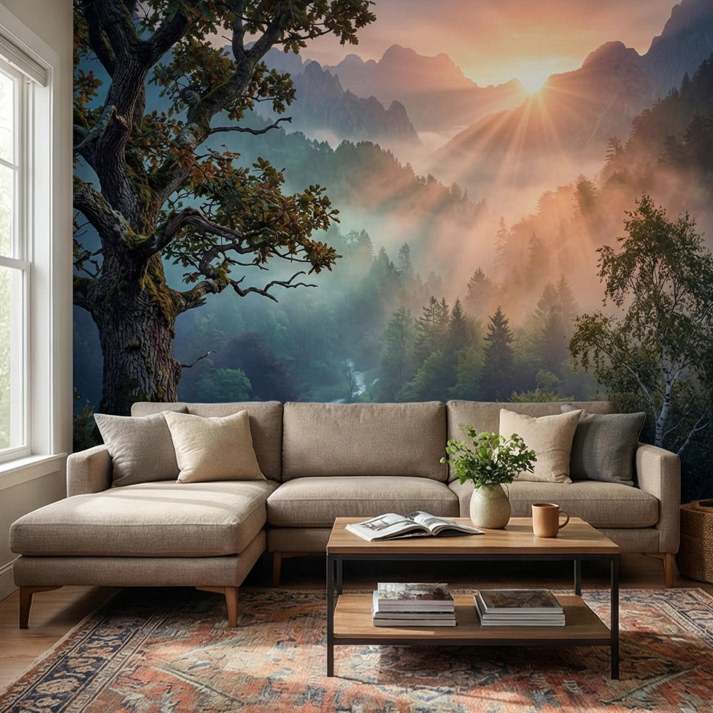 Mountain Sunrise Over Misty Forest Peel and Stick Wall Mural, Dramatic Valley Landscape Wallpaper